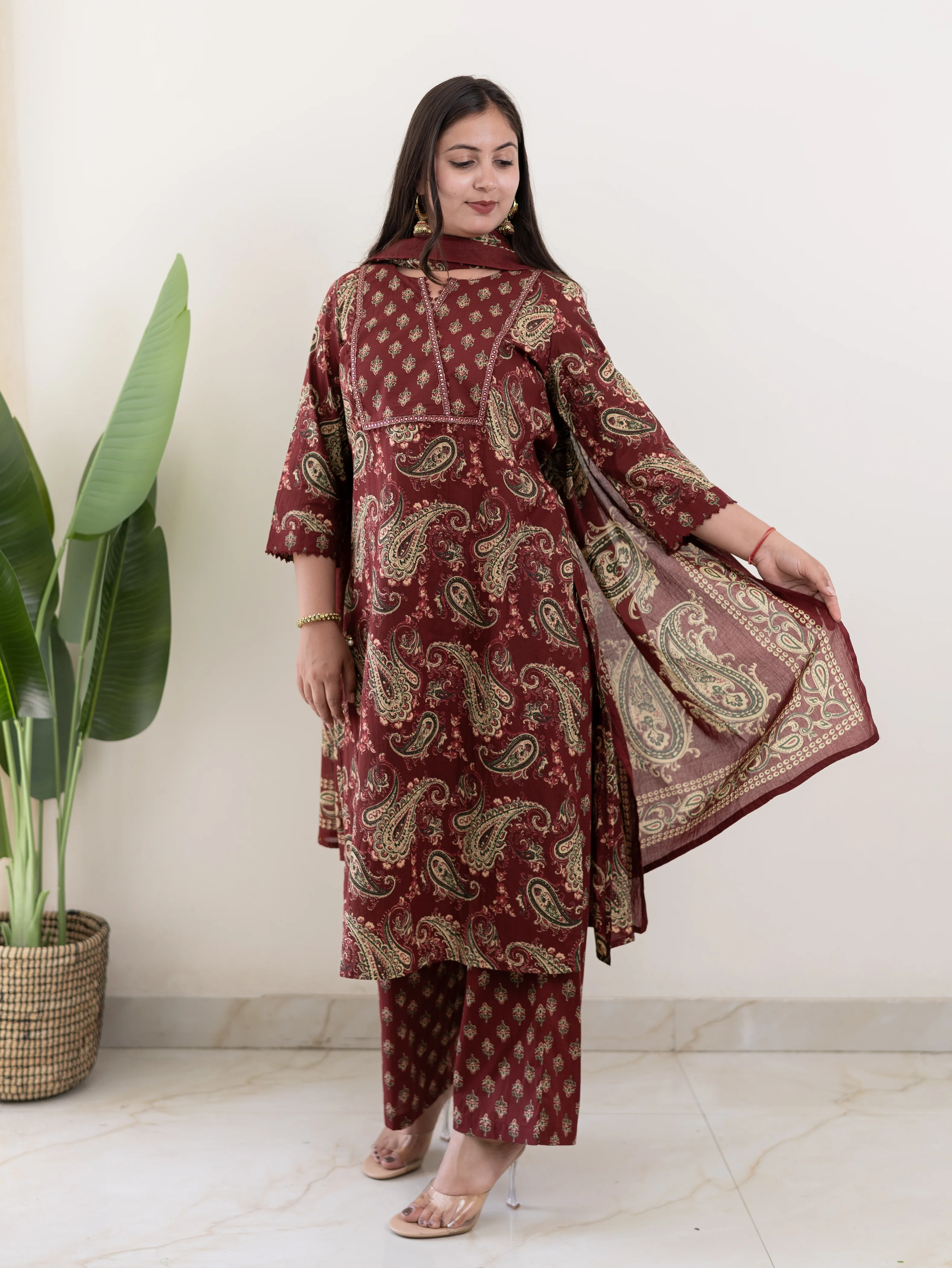 Taya Wine Ajrakh Kalamkari Cotton Embroidered Dupatta set - Image 3