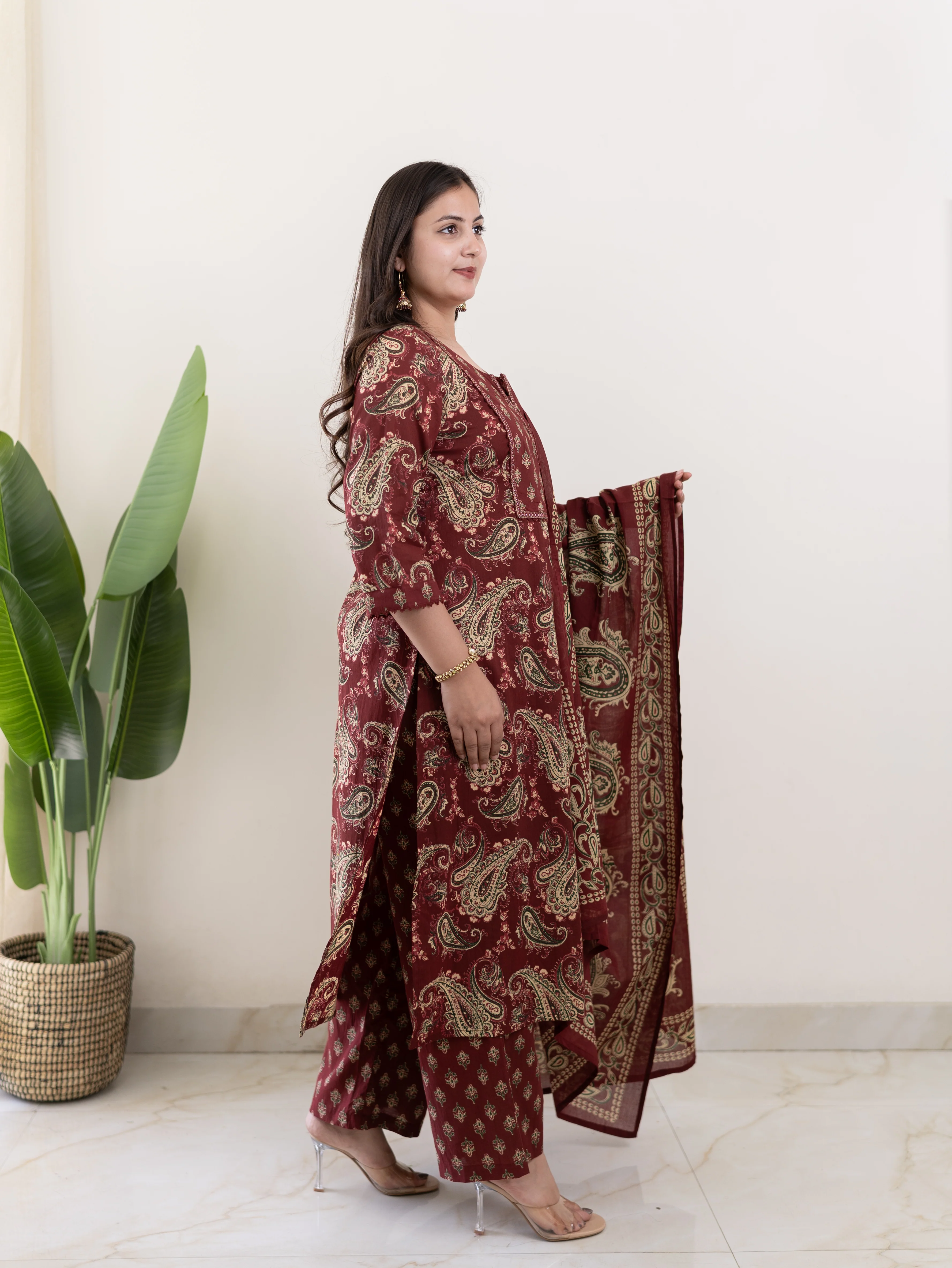Taya Wine Ajrakh Kalamkari Cotton Embroidered Dupatta set - Image 4