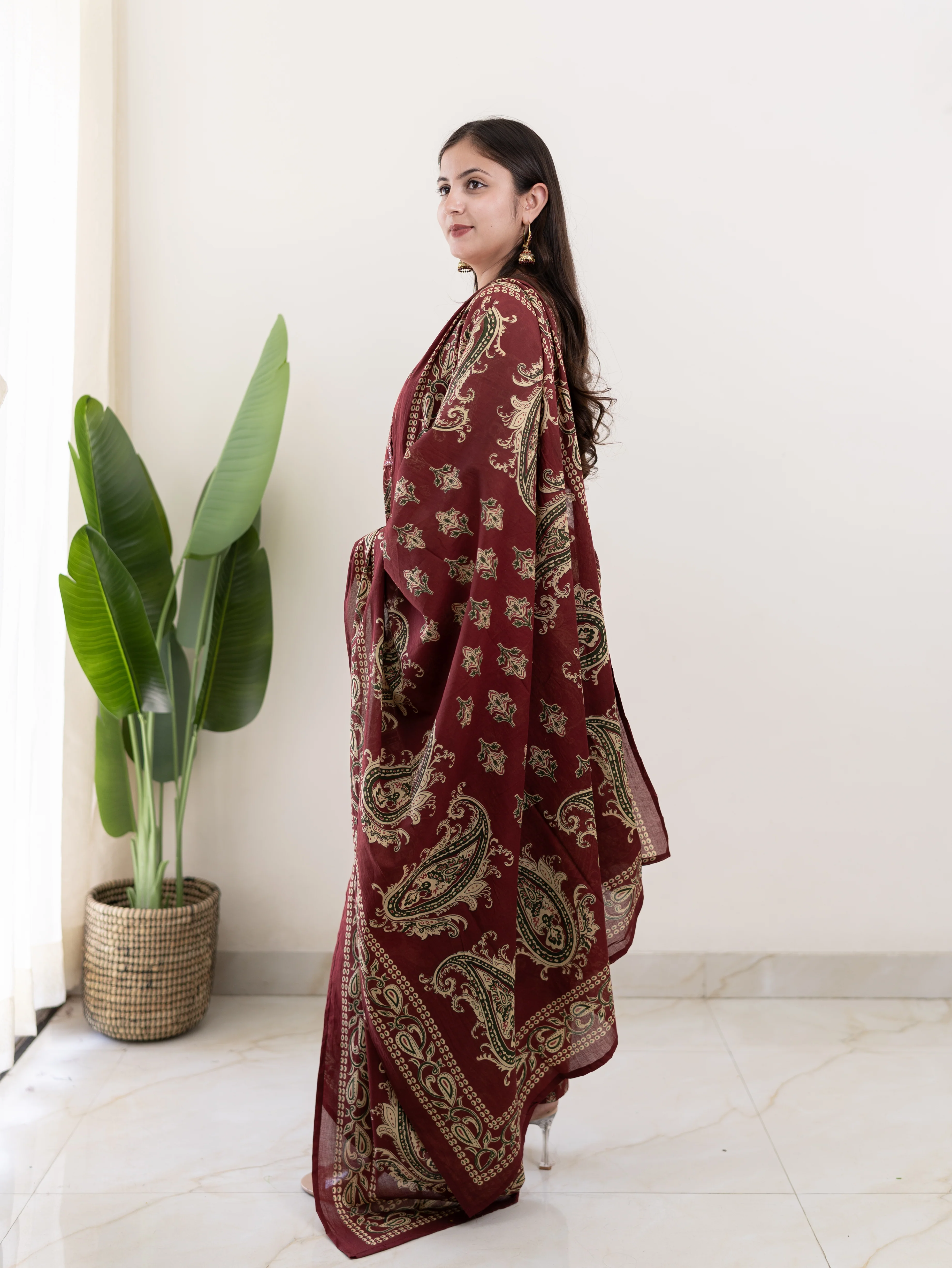 Taya Wine Ajrakh Kalamkari Cotton Embroidered Dupatta set - Image 5