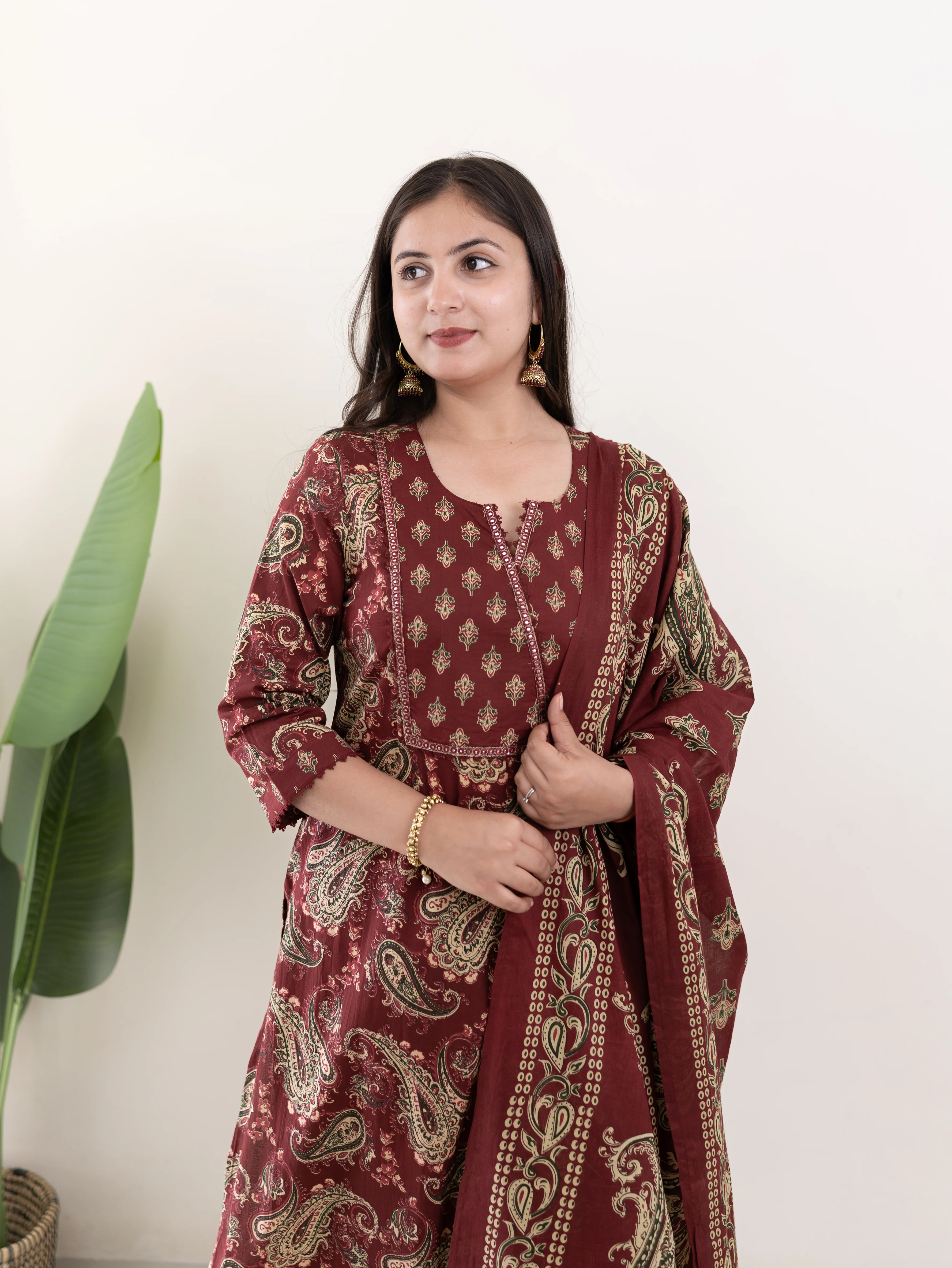 Taya Wine Ajrakh Kalamkari Cotton Embroidered Dupatta set - Image 6