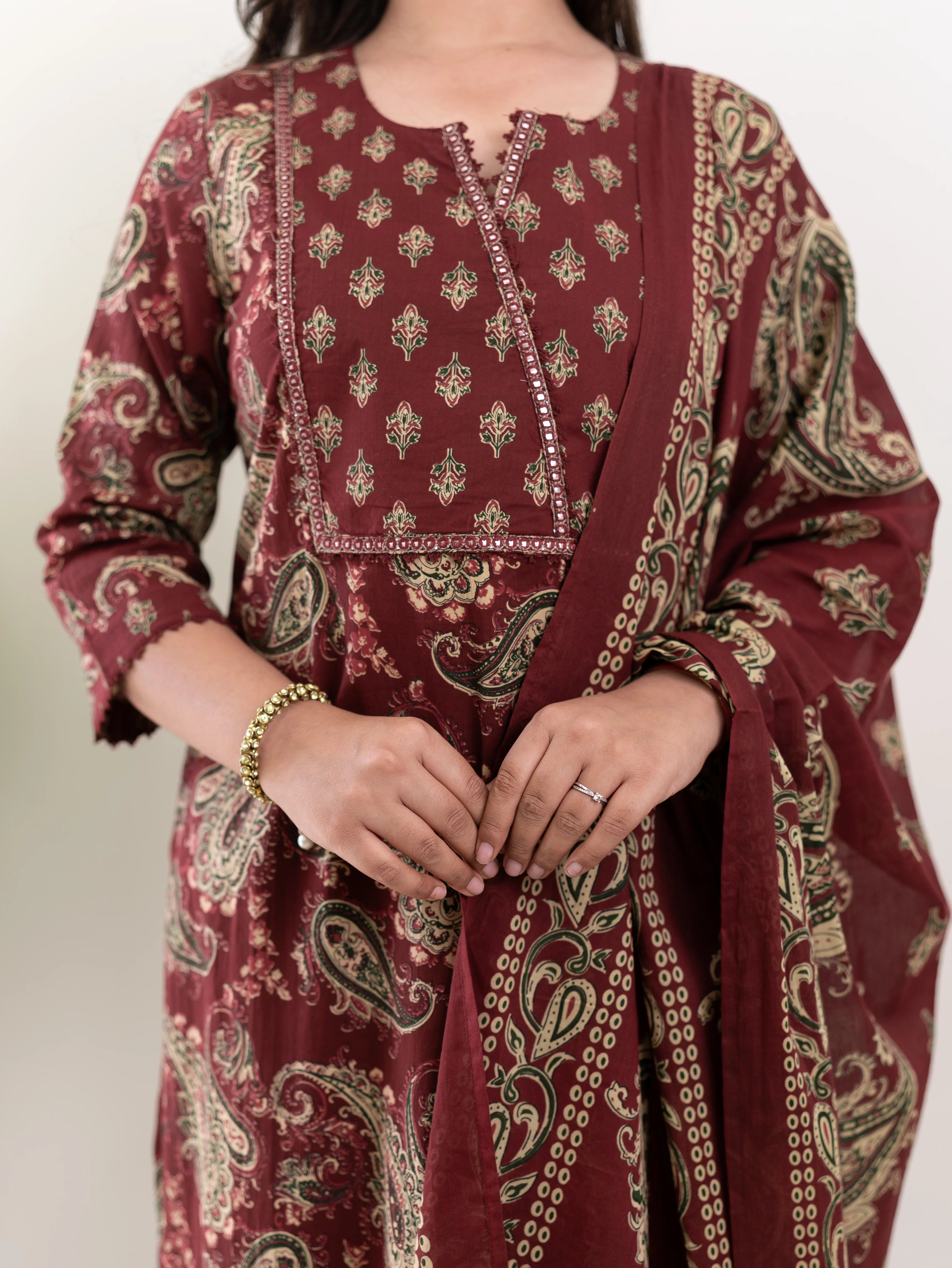 Taya Wine Ajrakh Kalamkari Cotton Embroidered Dupatta set - Image 7