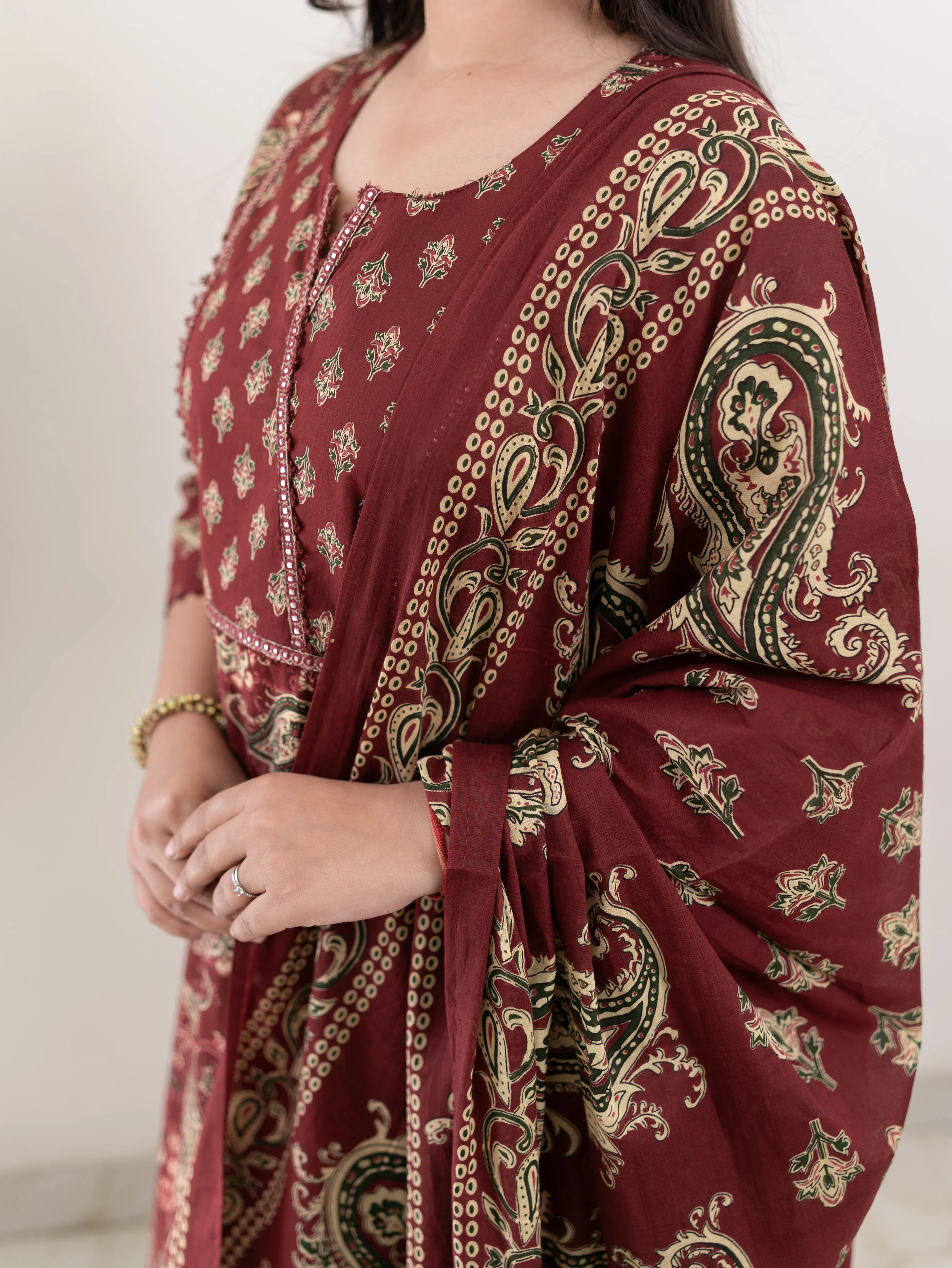 Taya Wine Ajrakh Kalamkari Cotton Embroidered Dupatta set - Image 8