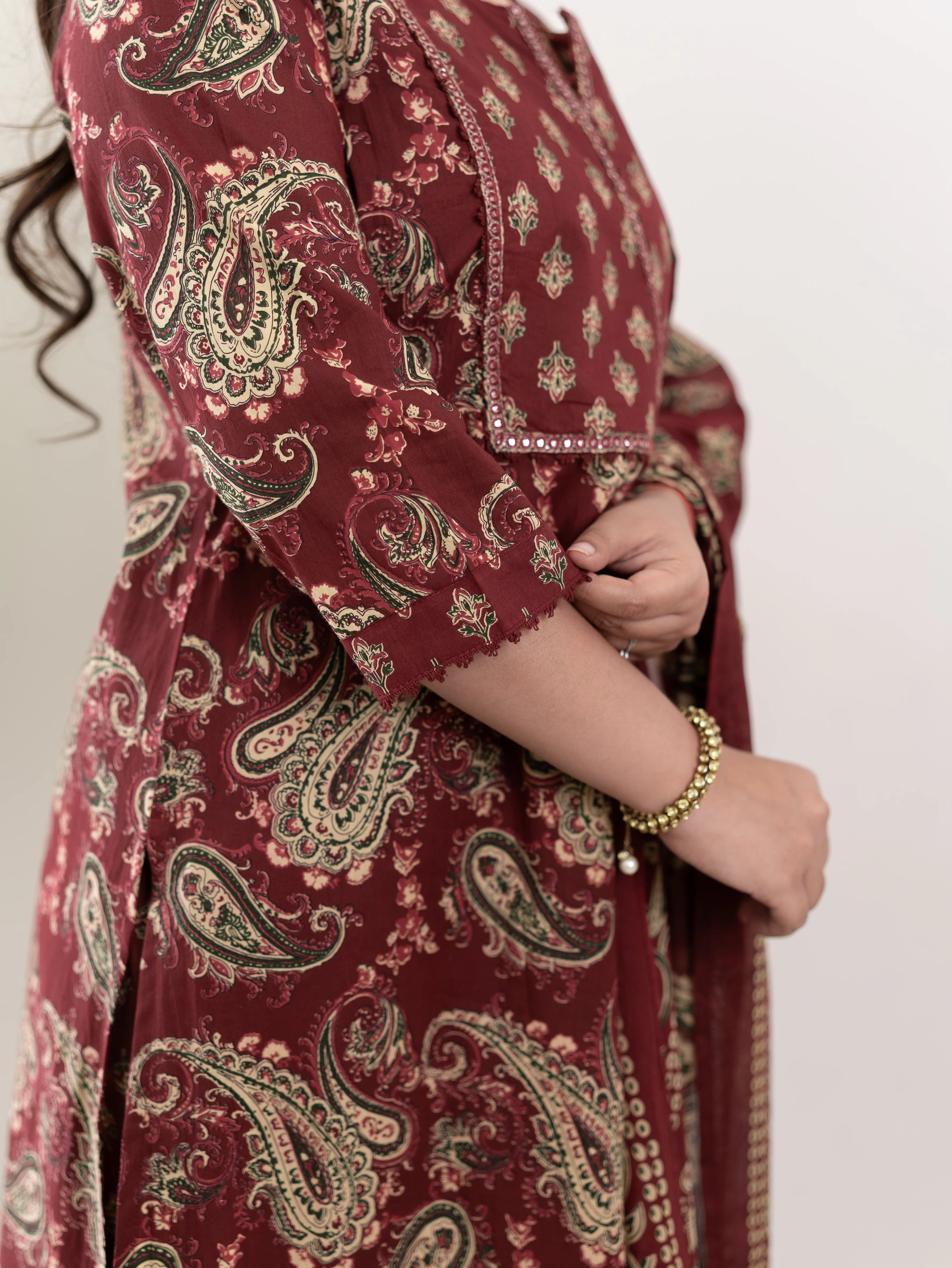 Taya Wine Ajrakh Kalamkari Cotton Embroidered Dupatta set - Image 9