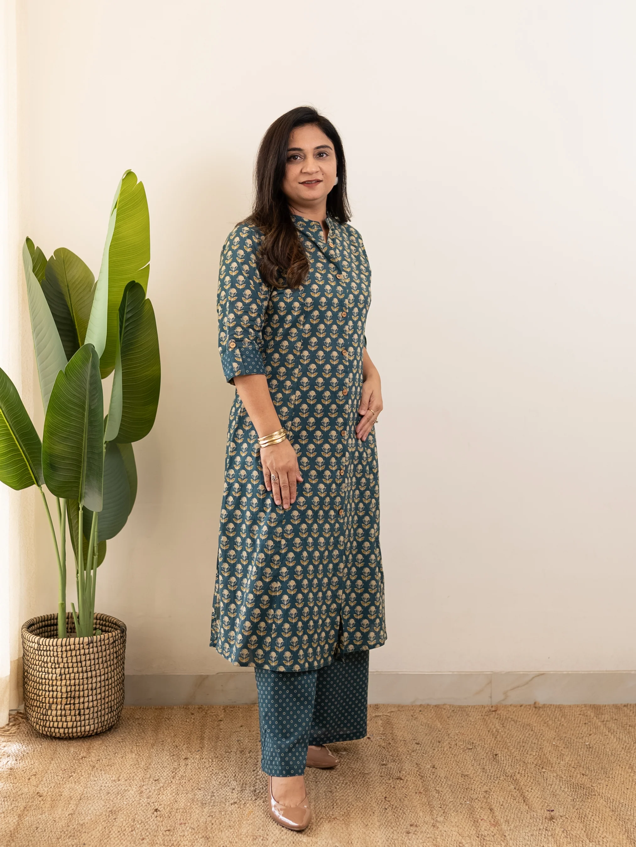 Saba Teal Blue Handblock A-line Cotton Coord Set - Image 4