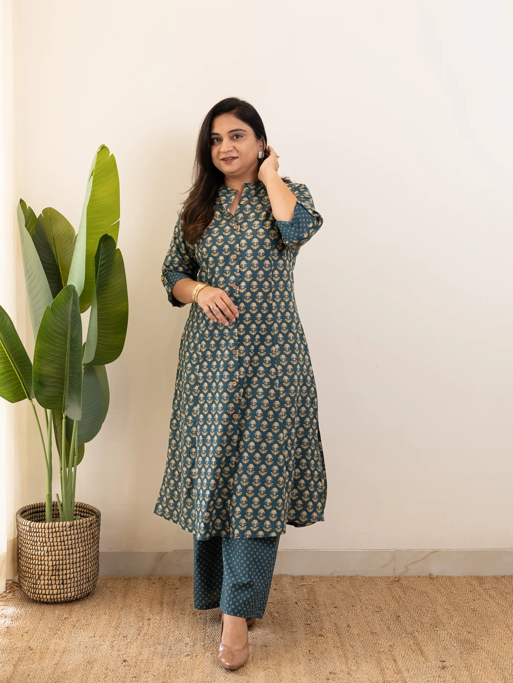 Saba Teal Blue Handblock A-line Cotton Coord Set - Image 5