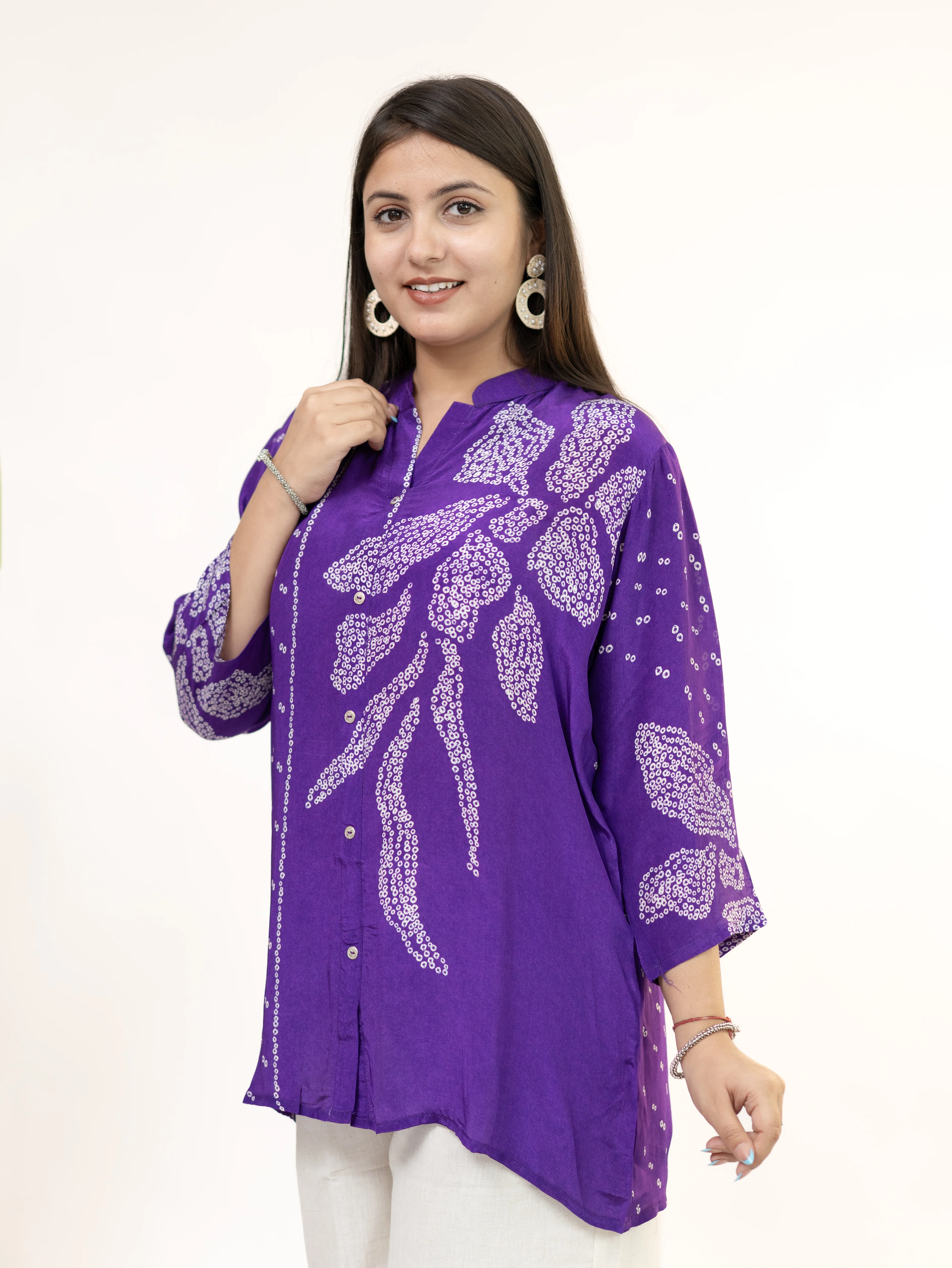 Vaidehi Purple Crepe Bandhani HandDetailed Shirt - Image 7