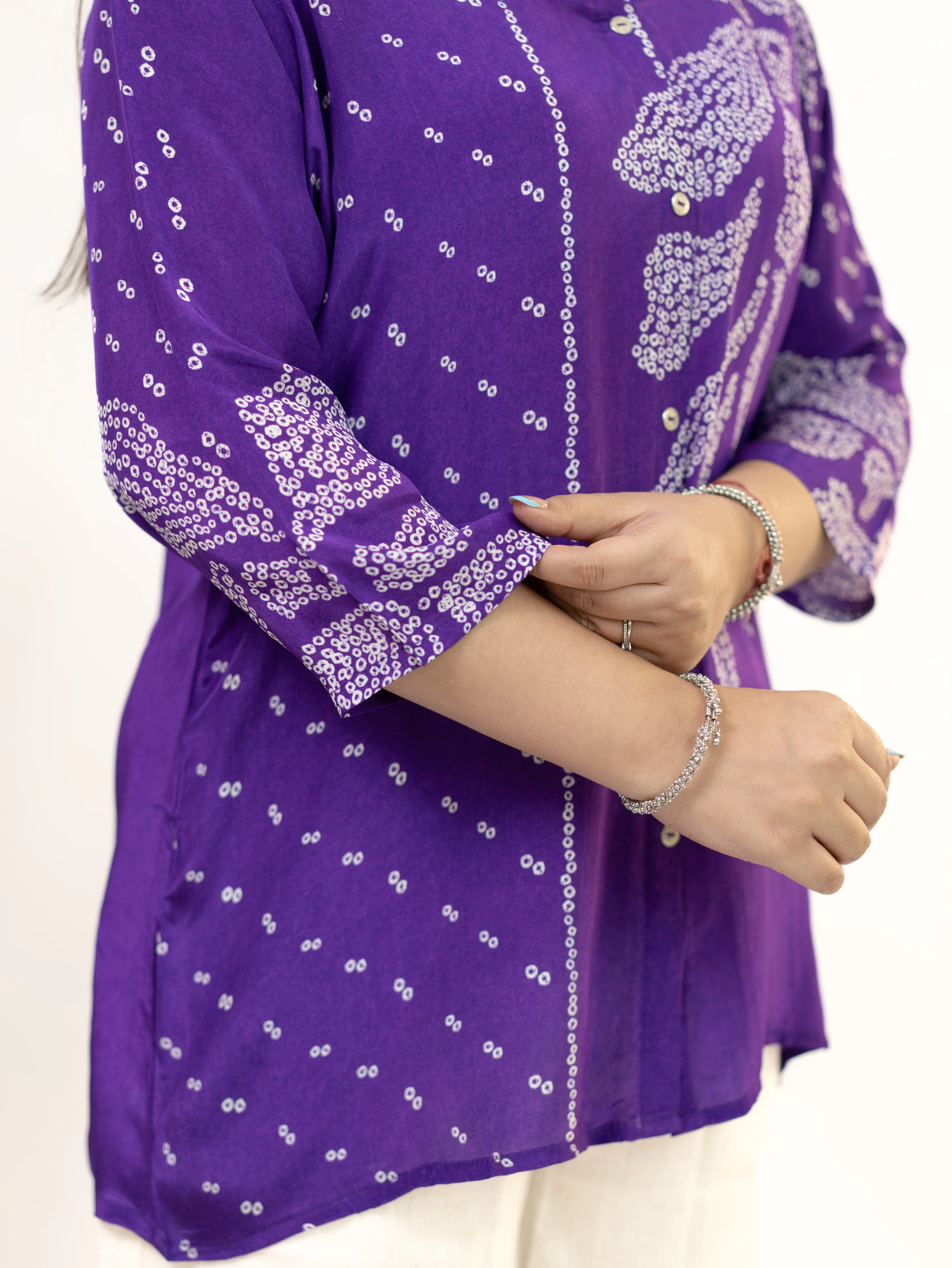 Vaidehi Purple Crepe Bandhani HandDetailed Shirt - Image 8
