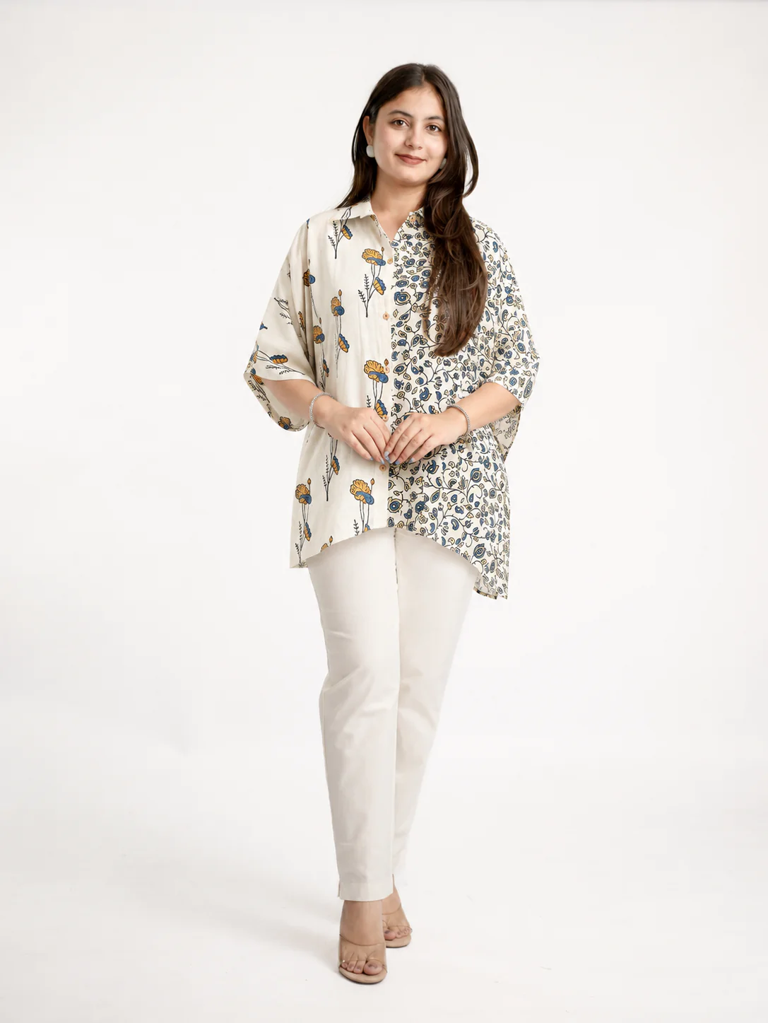 Ruma Beige Muslin Handblock Kaftaan Shirt - Image 3