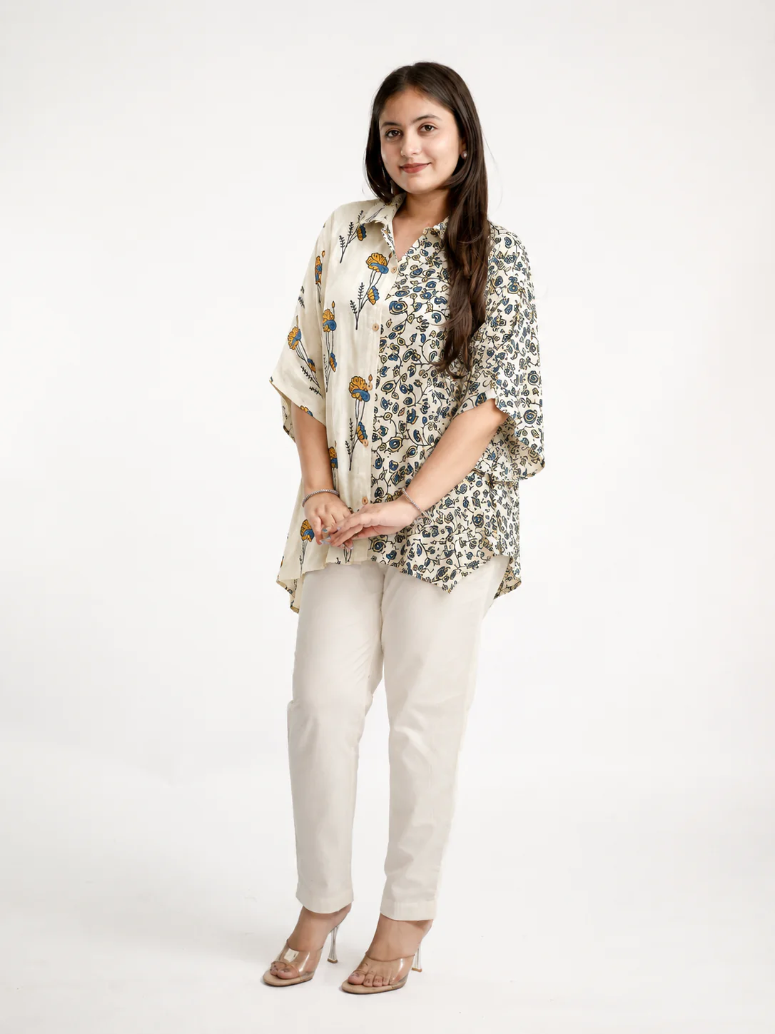 Ruma Beige Muslin Handblock Kaftaan Shirt - Image 4