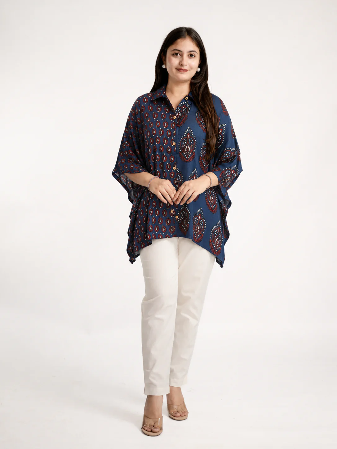 Ruma Blue Muslin Handblock Kaftaan Shirt - Image 3