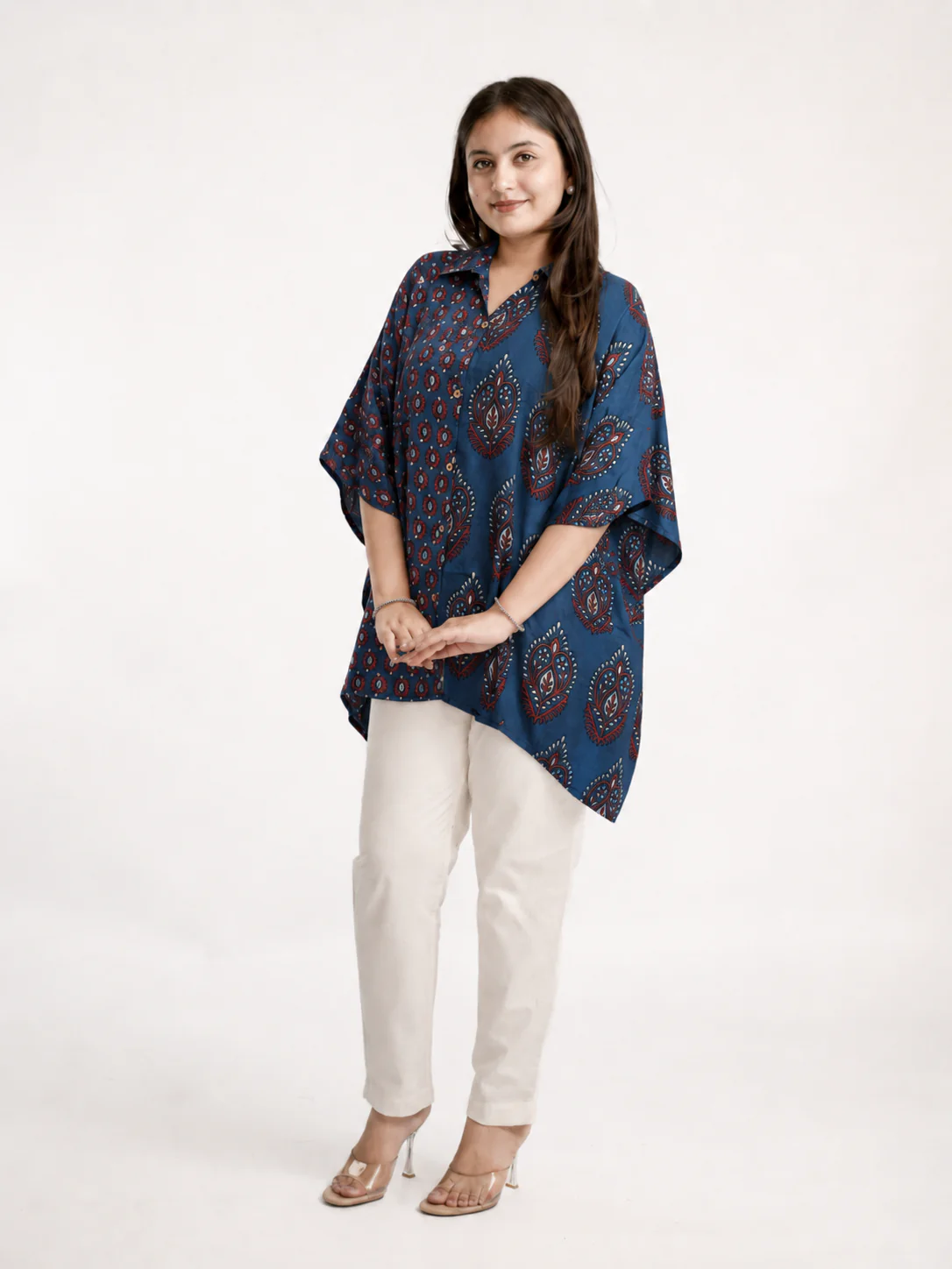 Ruma Blue Muslin Handblock Kaftaan Shirt - Image 4