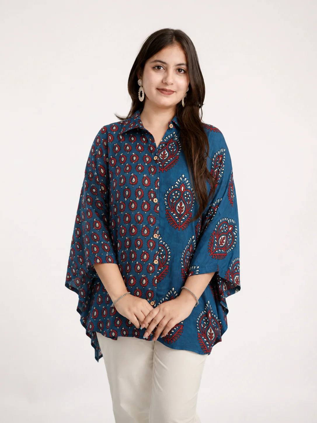 Ruma Blue Muslin Handblock Kaftaan Shirt - Image 5