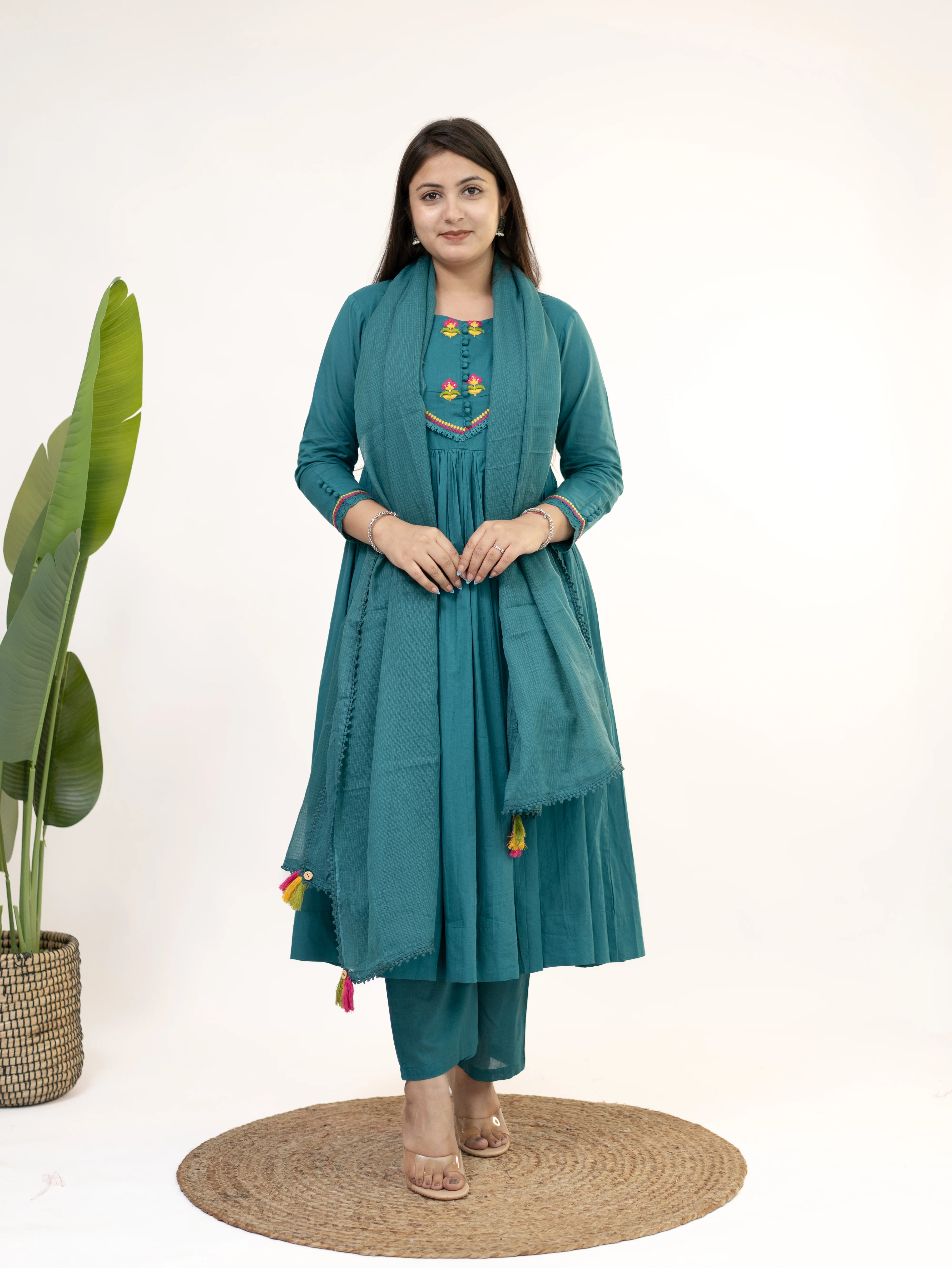 Vrishti Green Mul Cotton Embroidered Anarkali Dupatta Set - Image 16