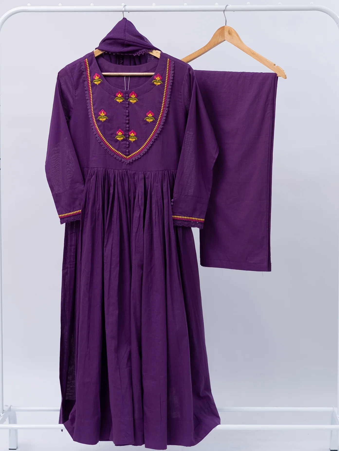Vrishti Purple Mul Cotton Embroidered Anarkali Dupatta Set - Image 5
