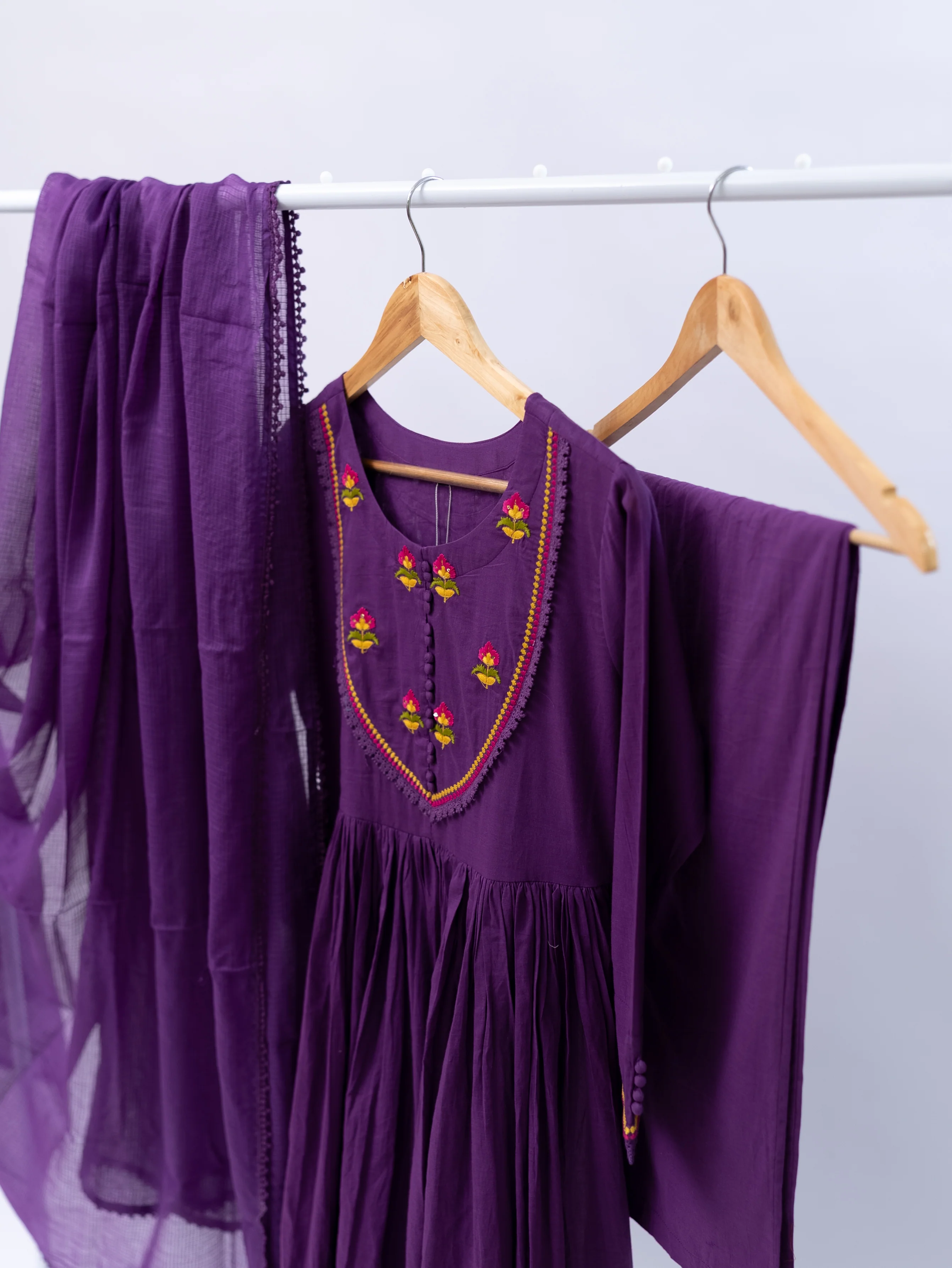 Vrishti Purple Mul Cotton Embroidered Anarkali Dupatta Set - Image 6