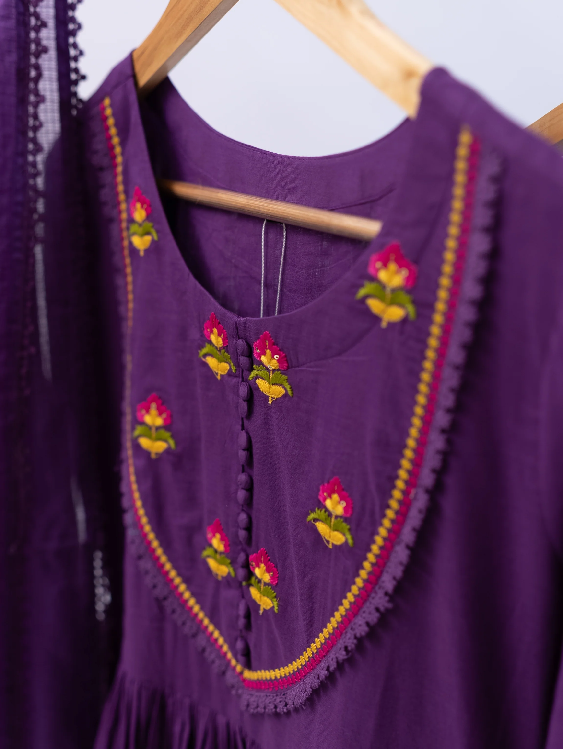 Vrishti Purple Mul Cotton Embroidered Anarkali Dupatta Set - Image 7