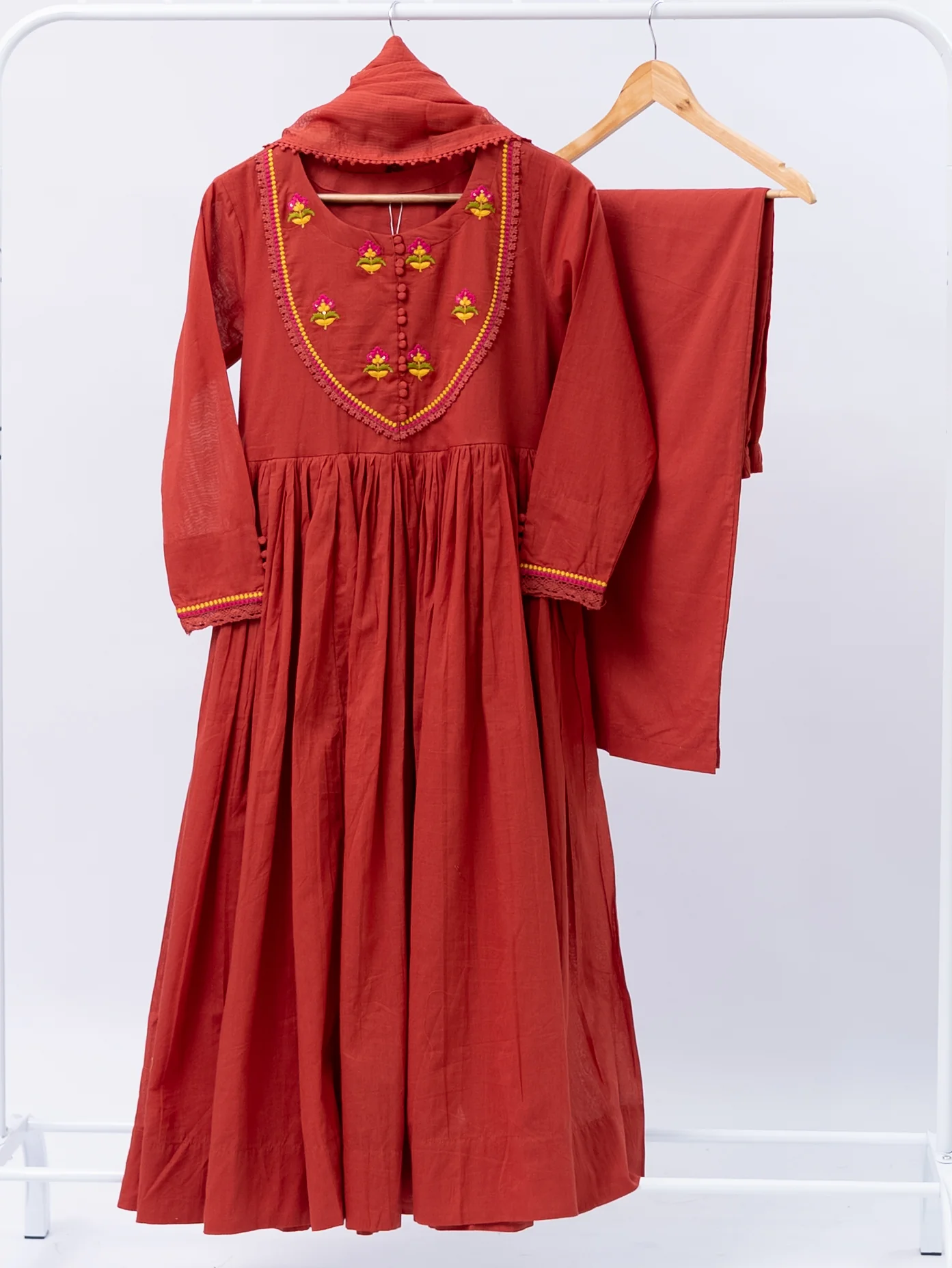 Vrishti Rust Mul Cotton Embroidered Anarkali Dupatta Set - Image 3