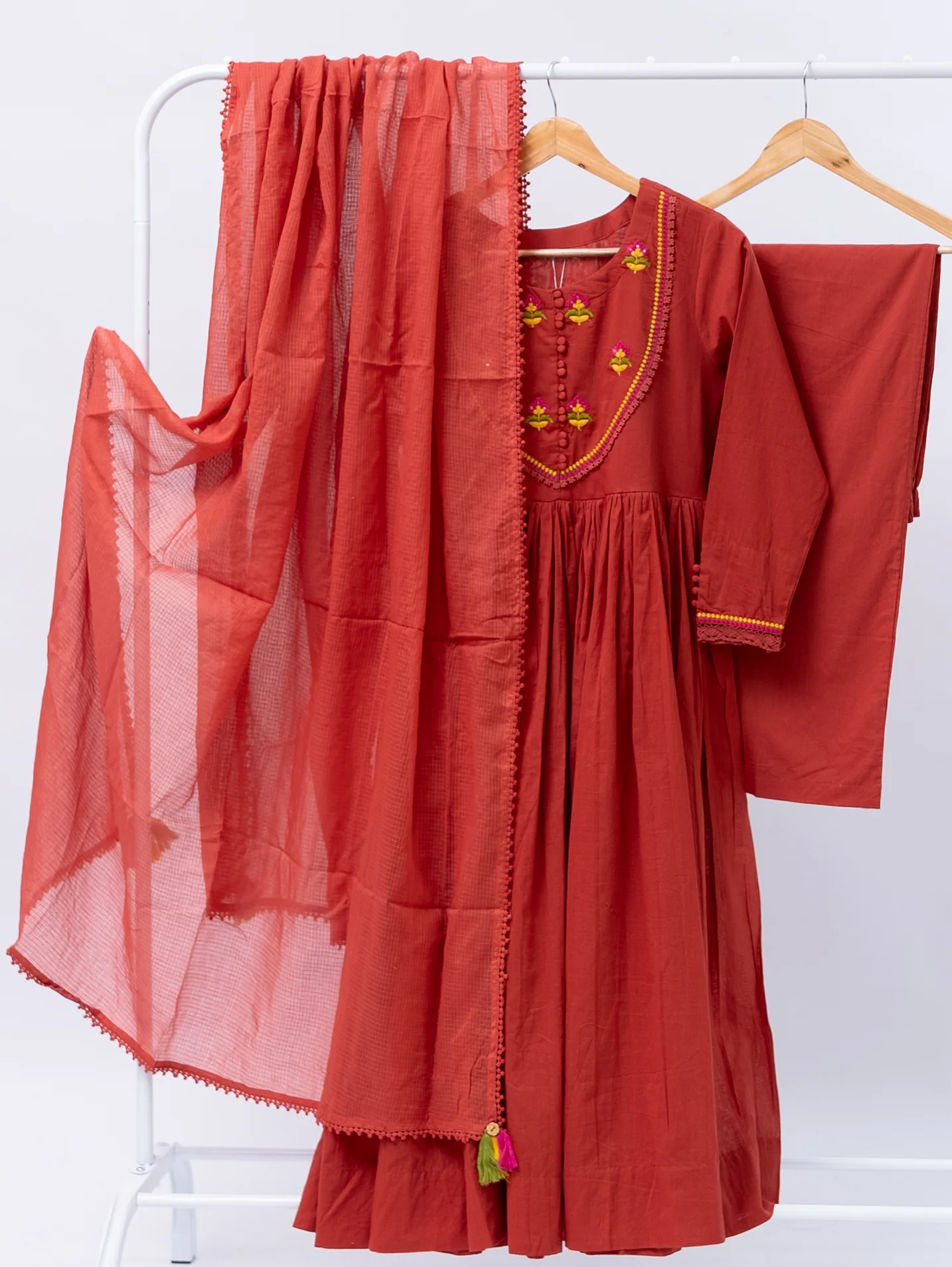 Vrishti Rust Mul Cotton Embroidered Anarkali Dupatta Set - Image 4