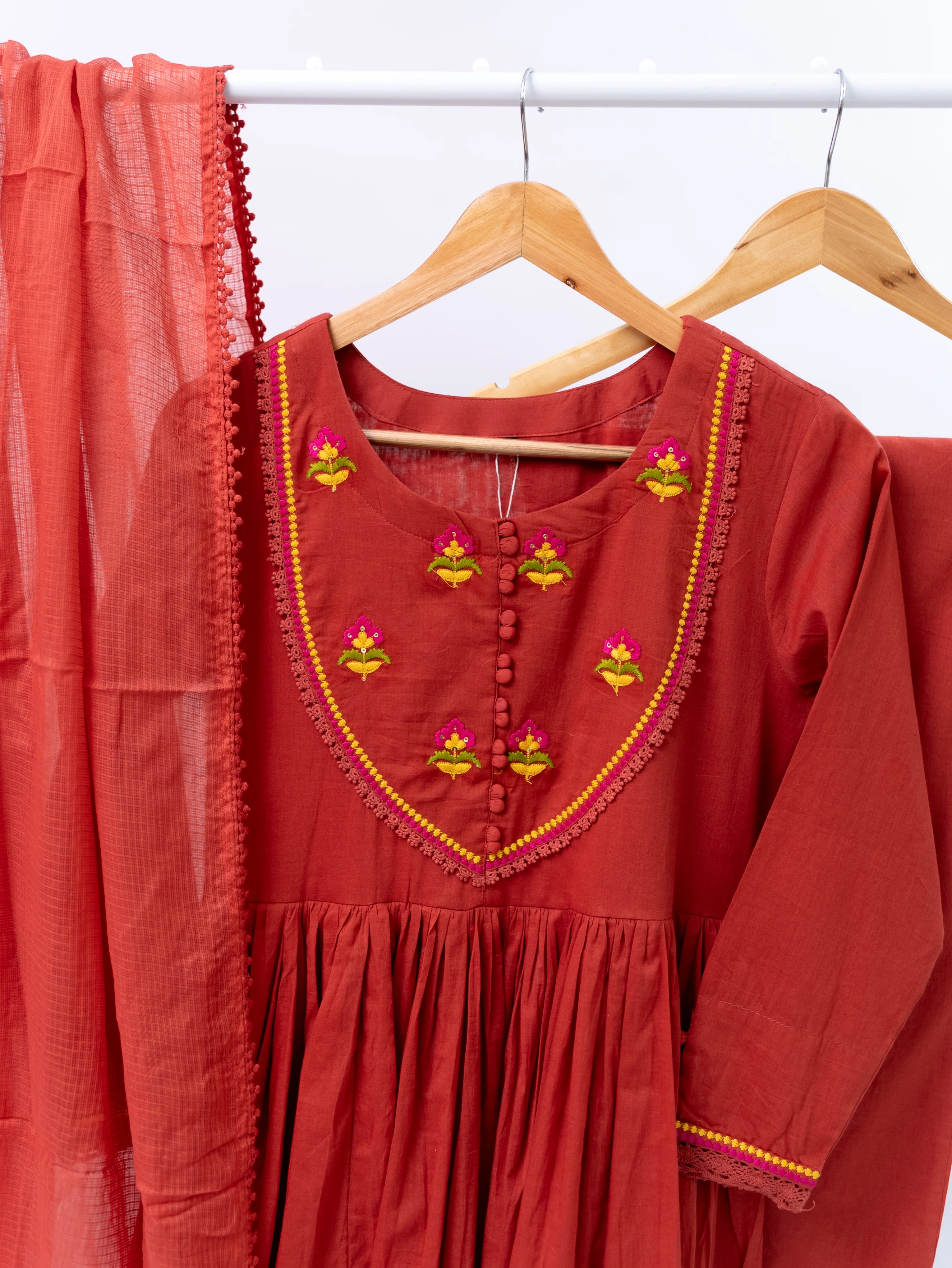 Vrishti Rust Mul Cotton Embroidered Anarkali Dupatta Set - Image 5