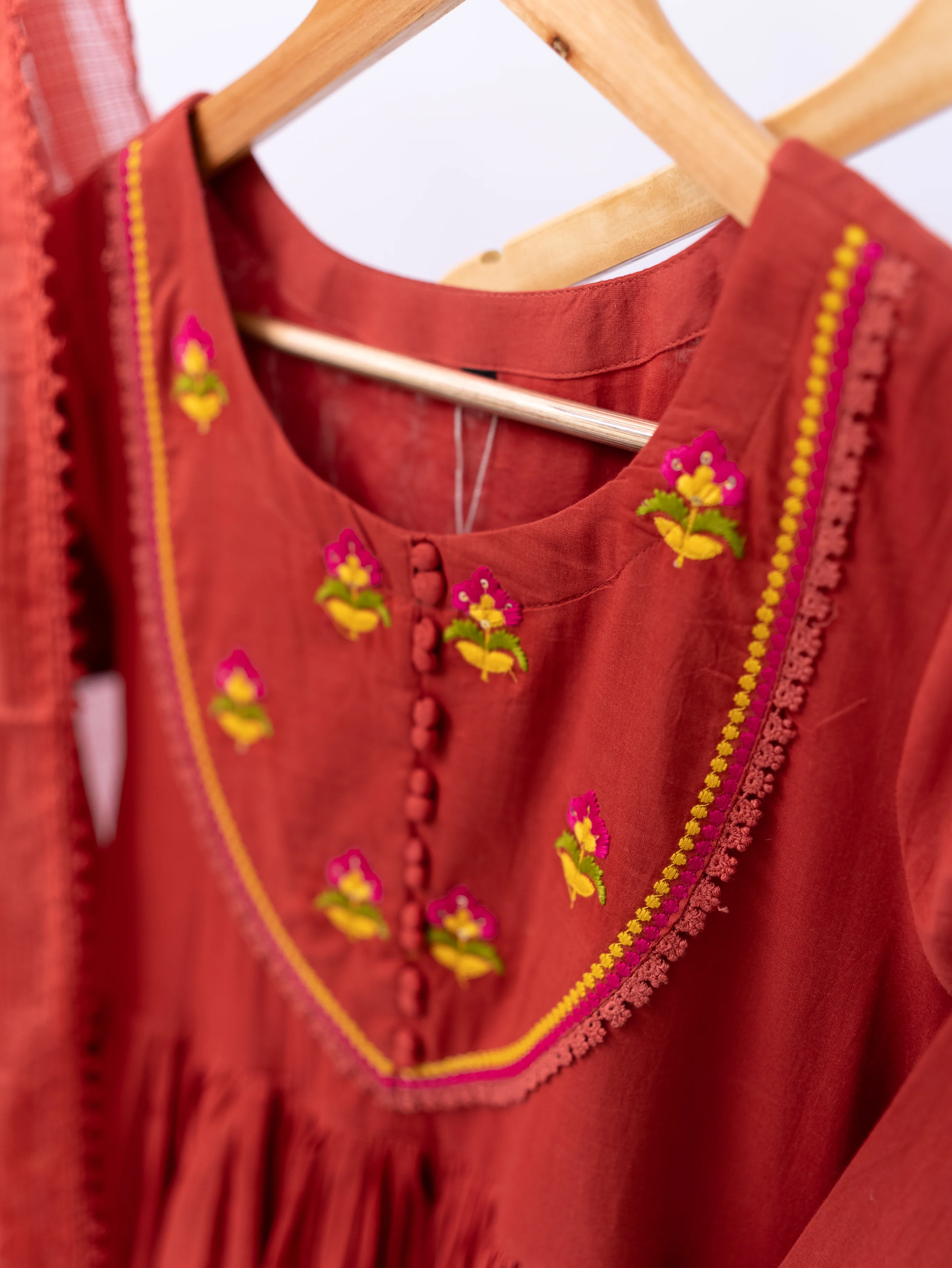 Vrishti Rust Mul Cotton Embroidered Anarkali Dupatta Set - Image 6