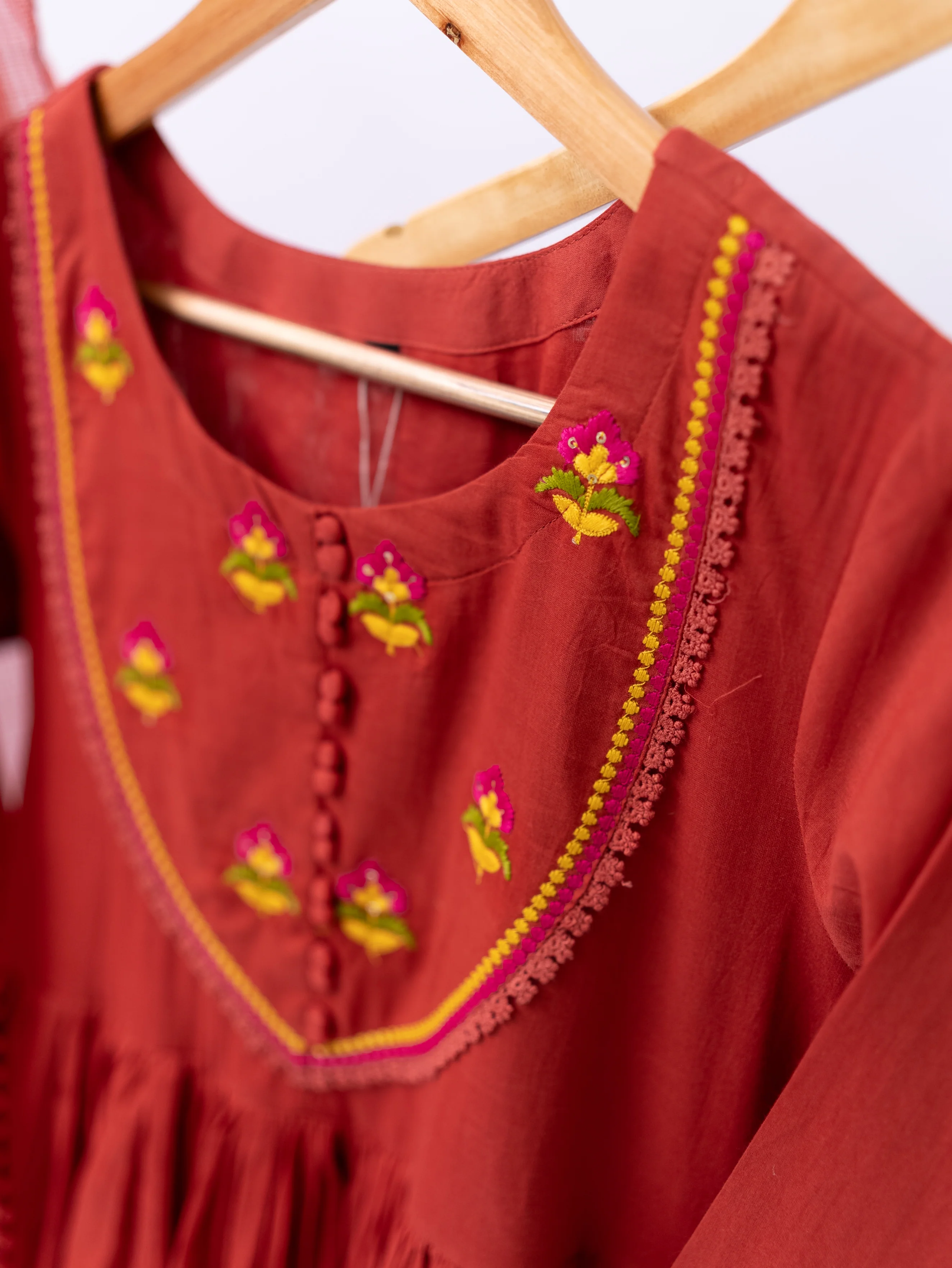 Vrishti Rust Mul Cotton Embroidered Anarkali Dupatta Set - Image 7