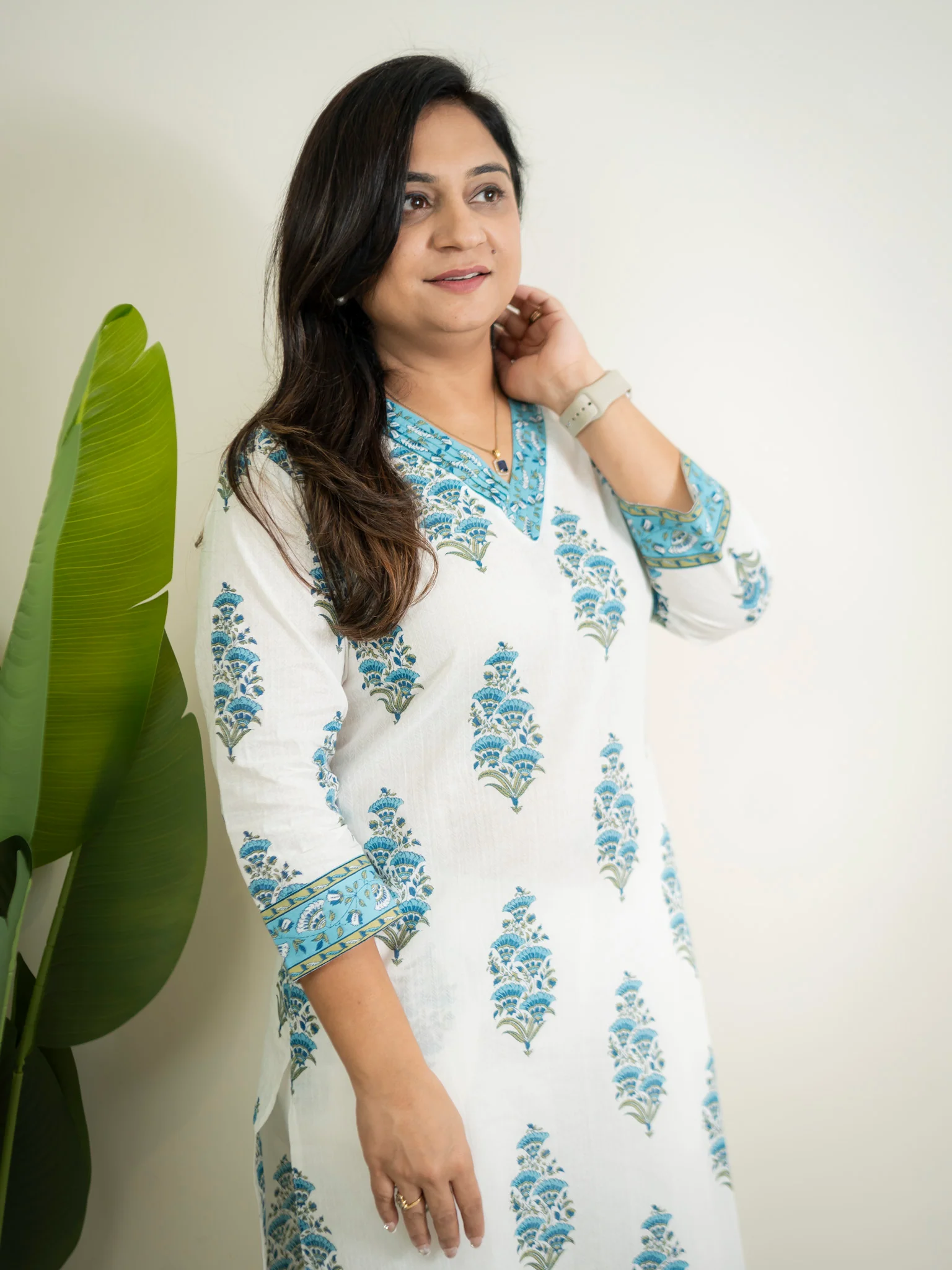 White Blue Handblock Cotton Casual Straight Kurta - Image 5