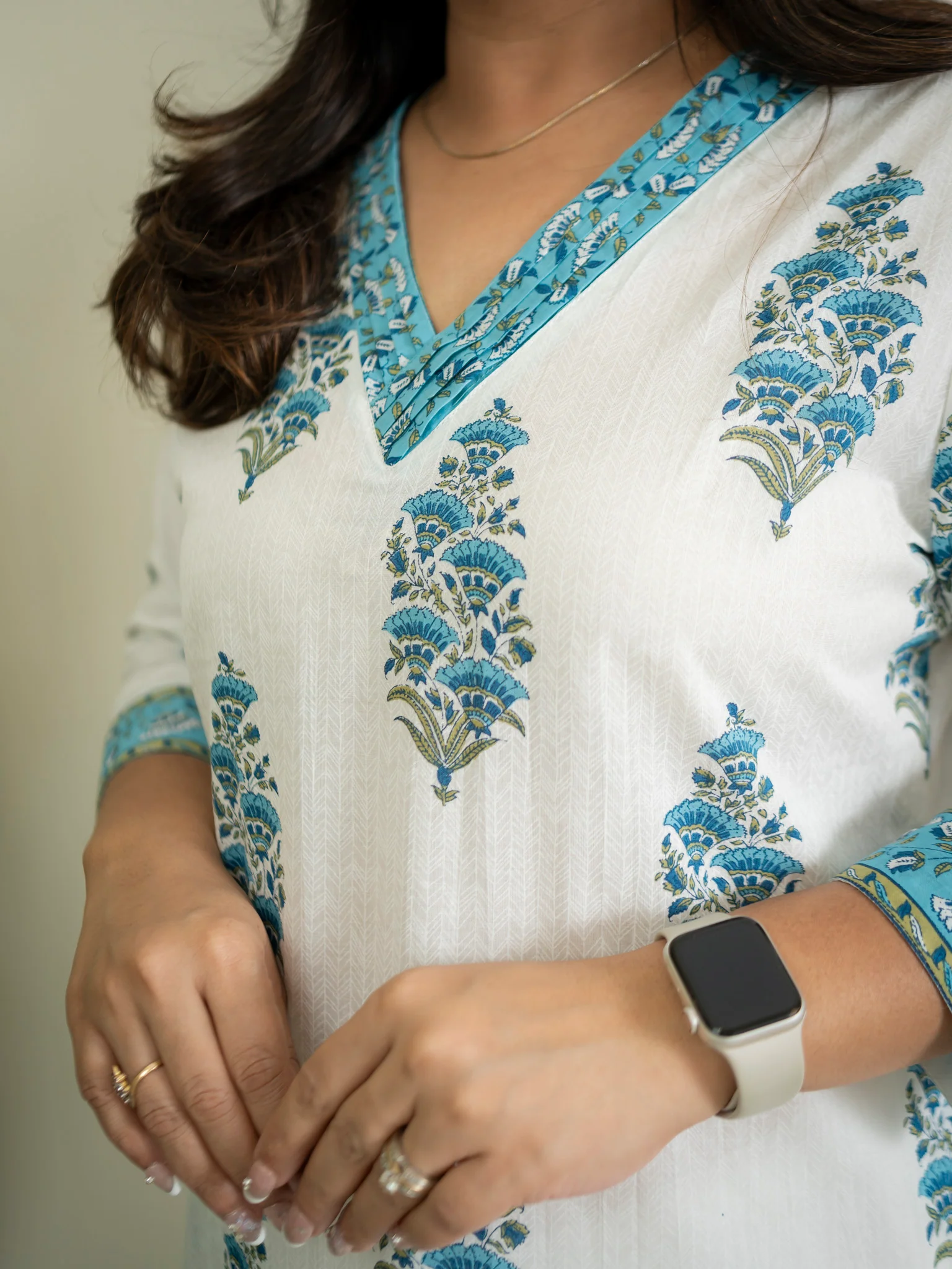 White Blue Handblock Cotton Casual Straight Kurta - Image 8