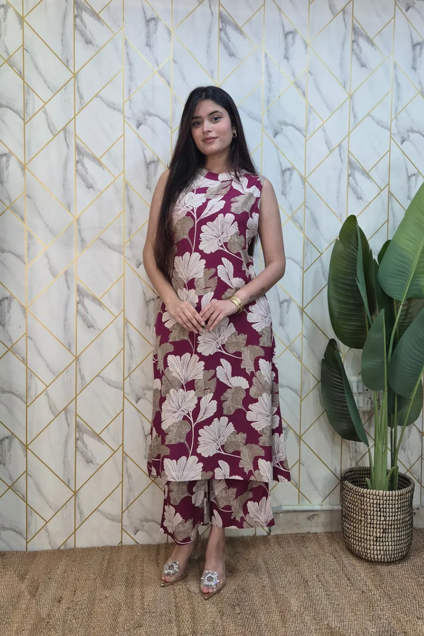 Wine Rayon Floral Print A-line Coord Set - Image 2