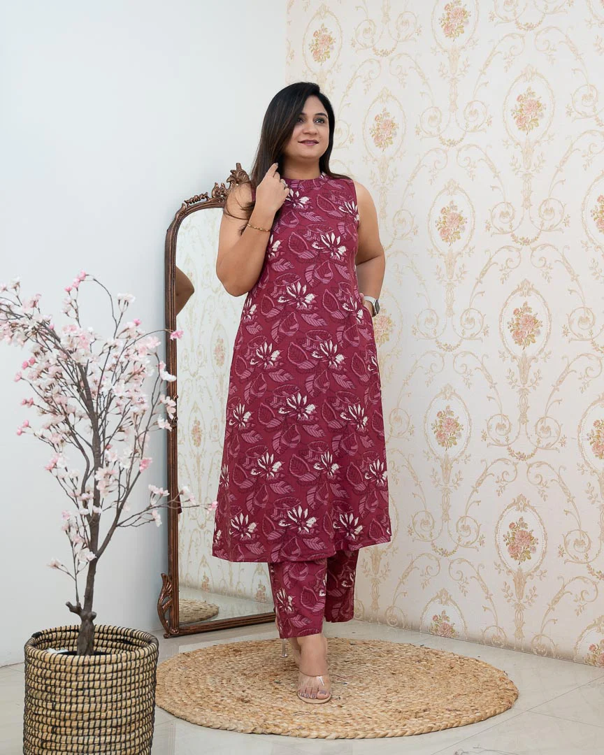 Wine Rayon Printed Casual A-line Coord Set - Image 2