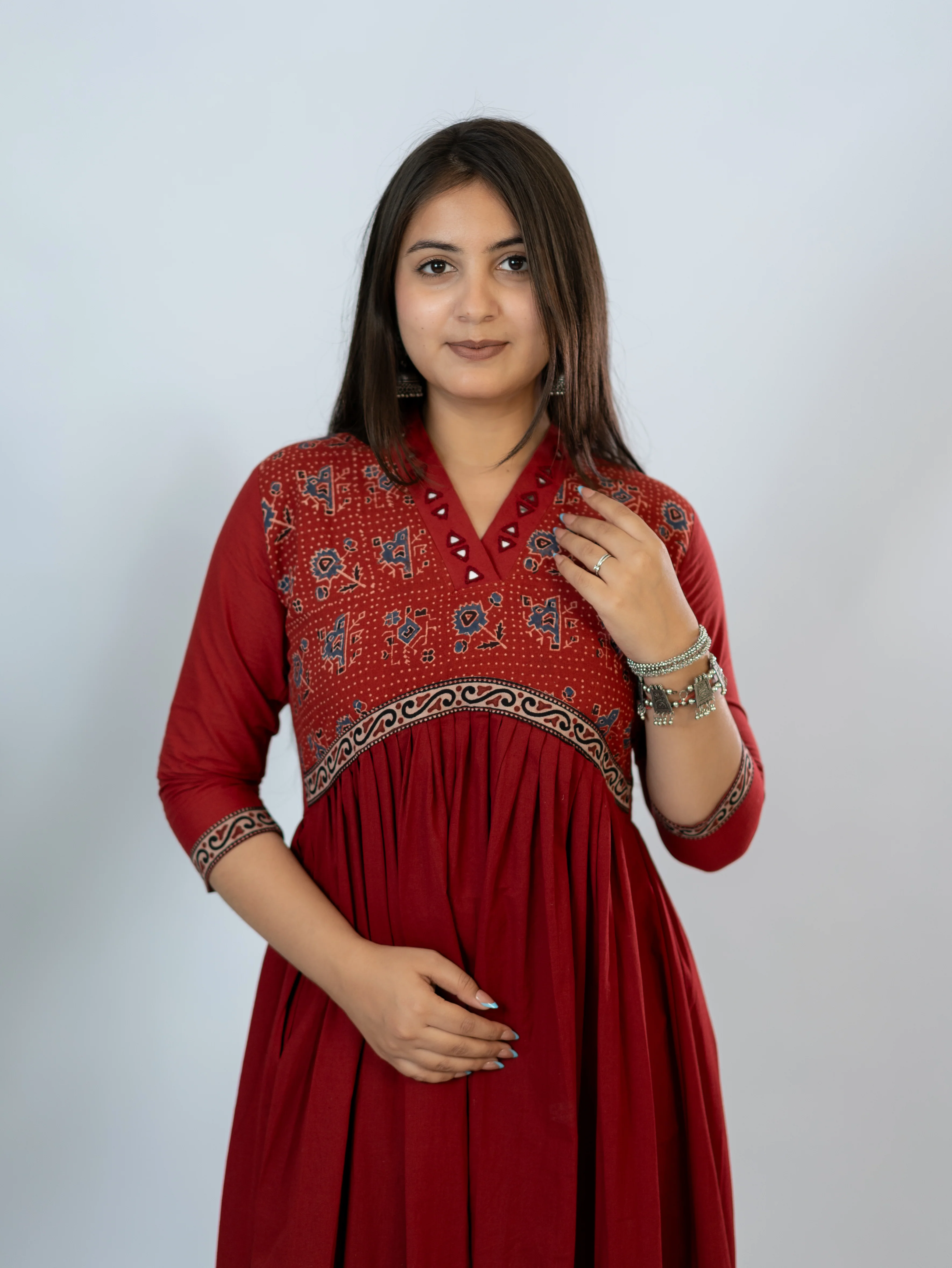 Yashi Red Cotton Alia Ajrakh Embroidered A-line Kurta - Image 10