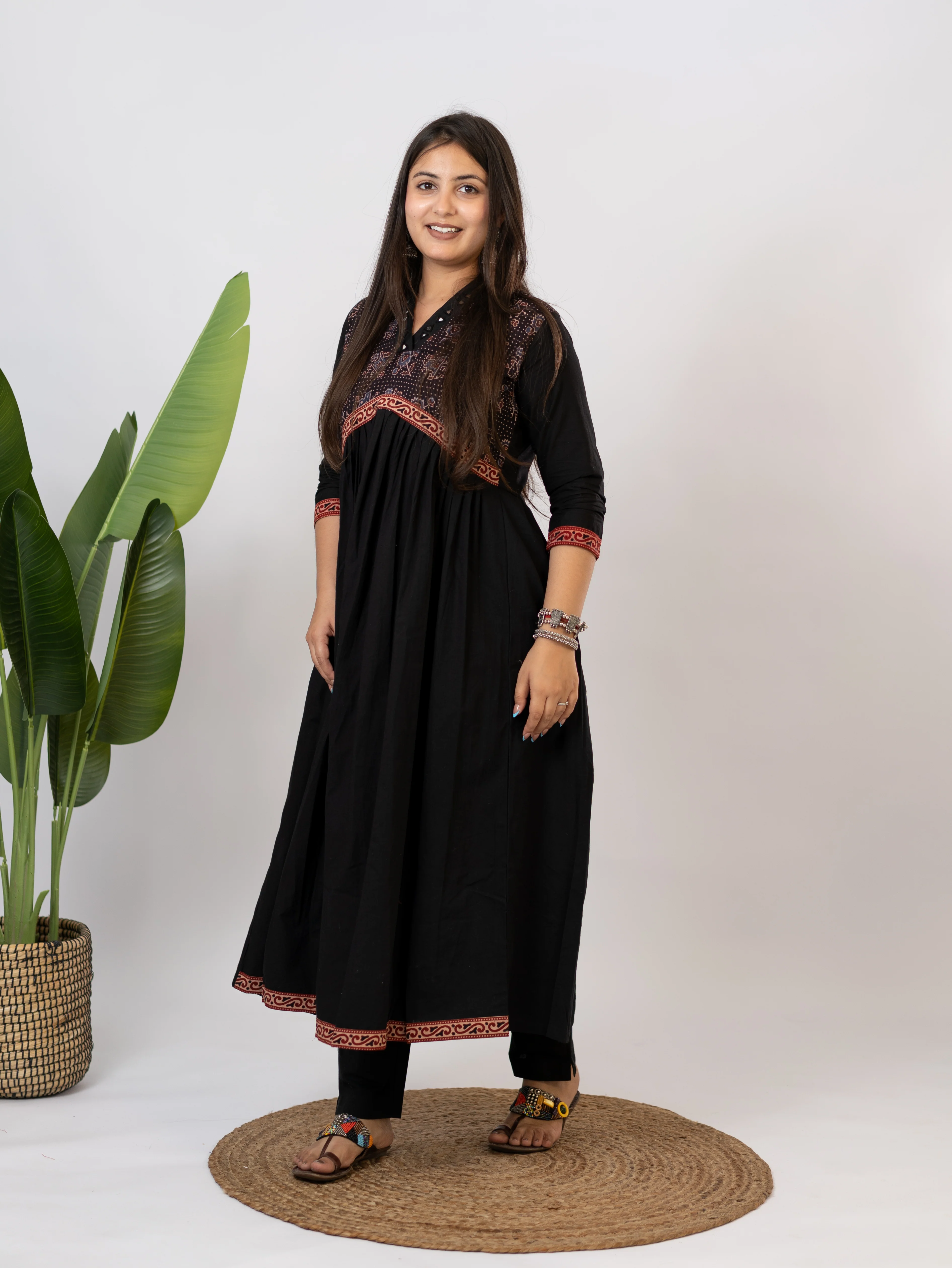 Yashi Black Cotton Alia Ajrakh Embroidered A-line Kurta - Image 3