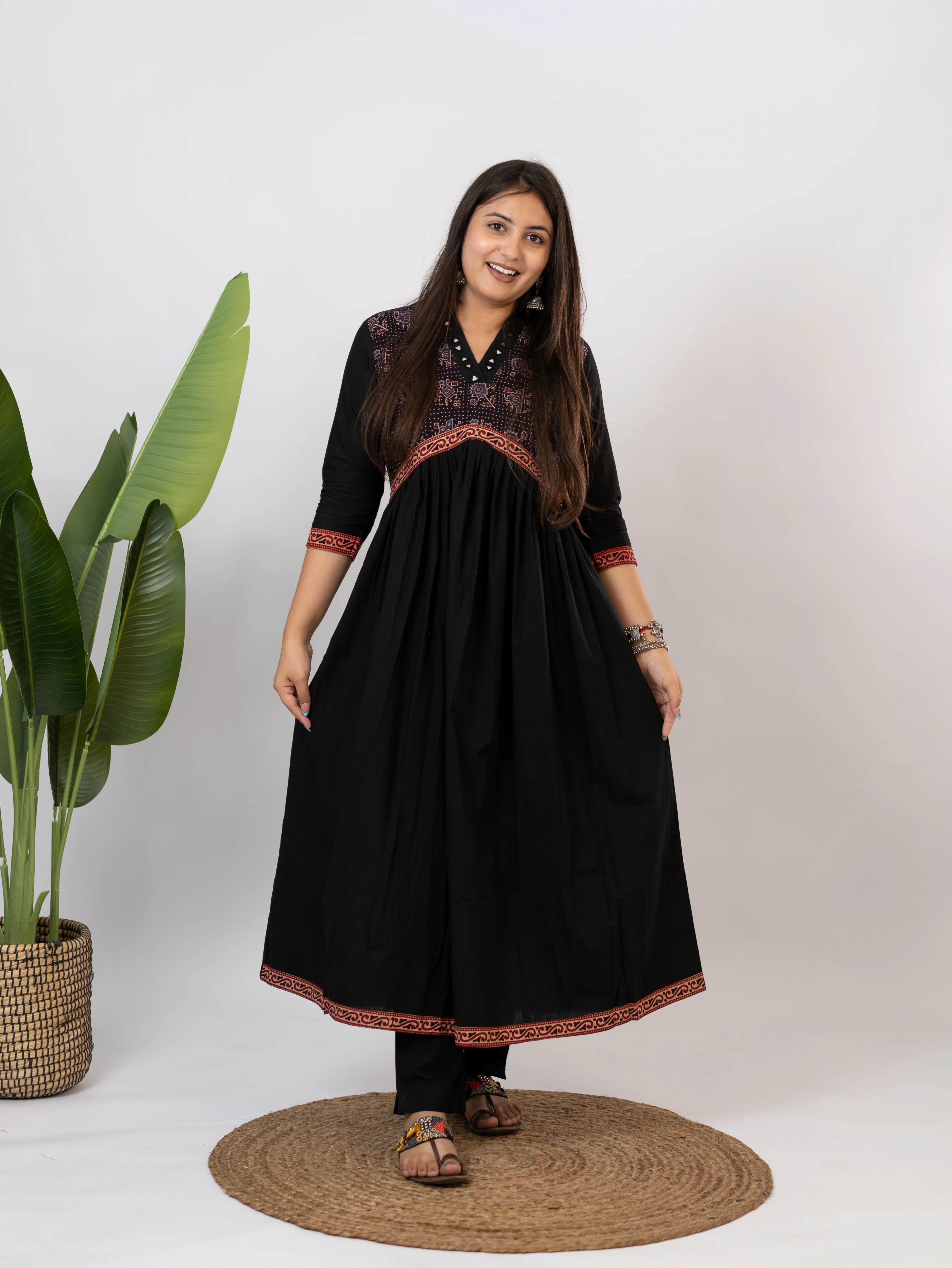 Yashi Black Cotton Alia Ajrakh Embroidered A-line Kurta - Image 4
