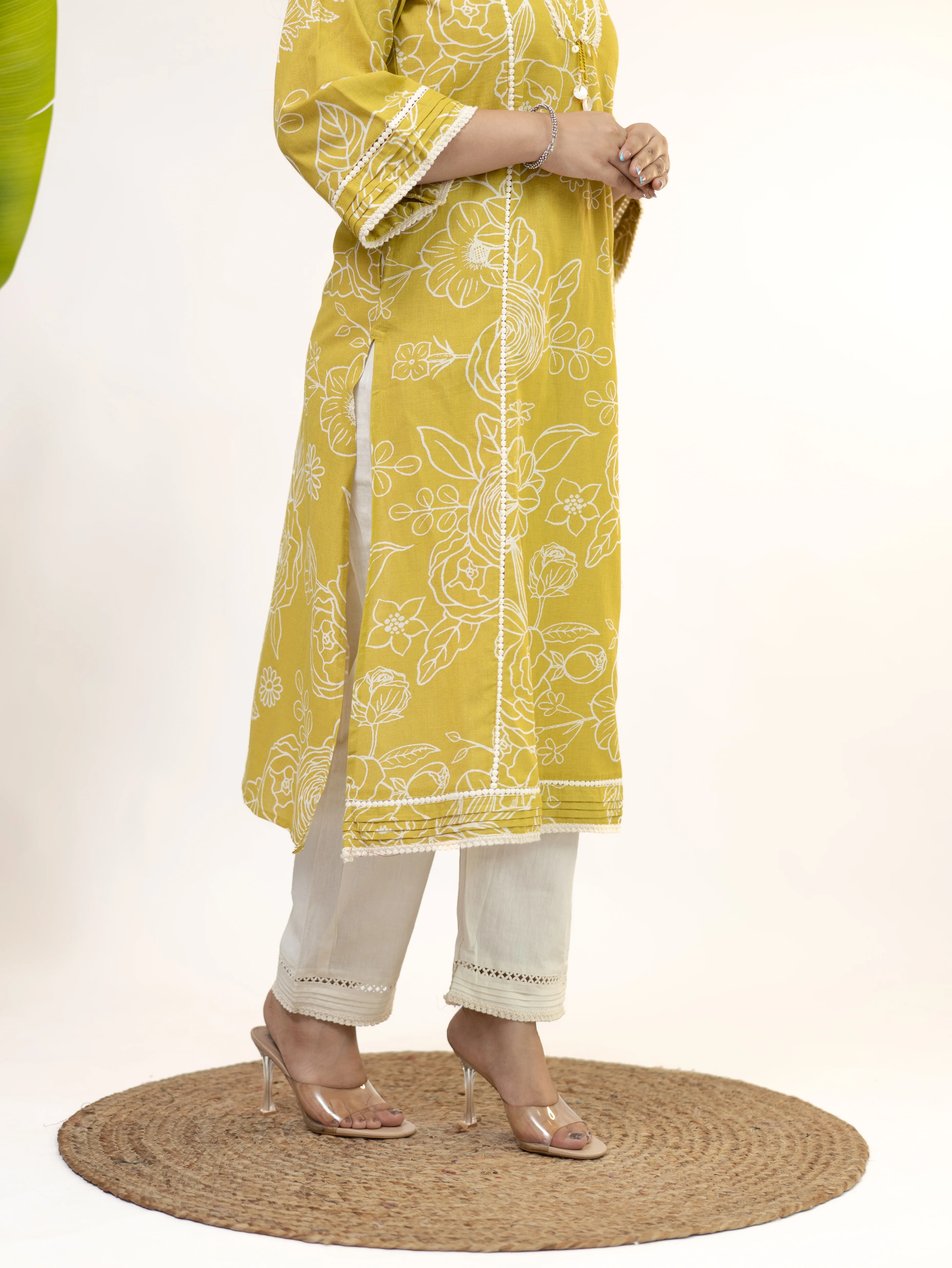 Inayat Yellow Cotton Lace Deatialed A-line Kurta Set - Image 10