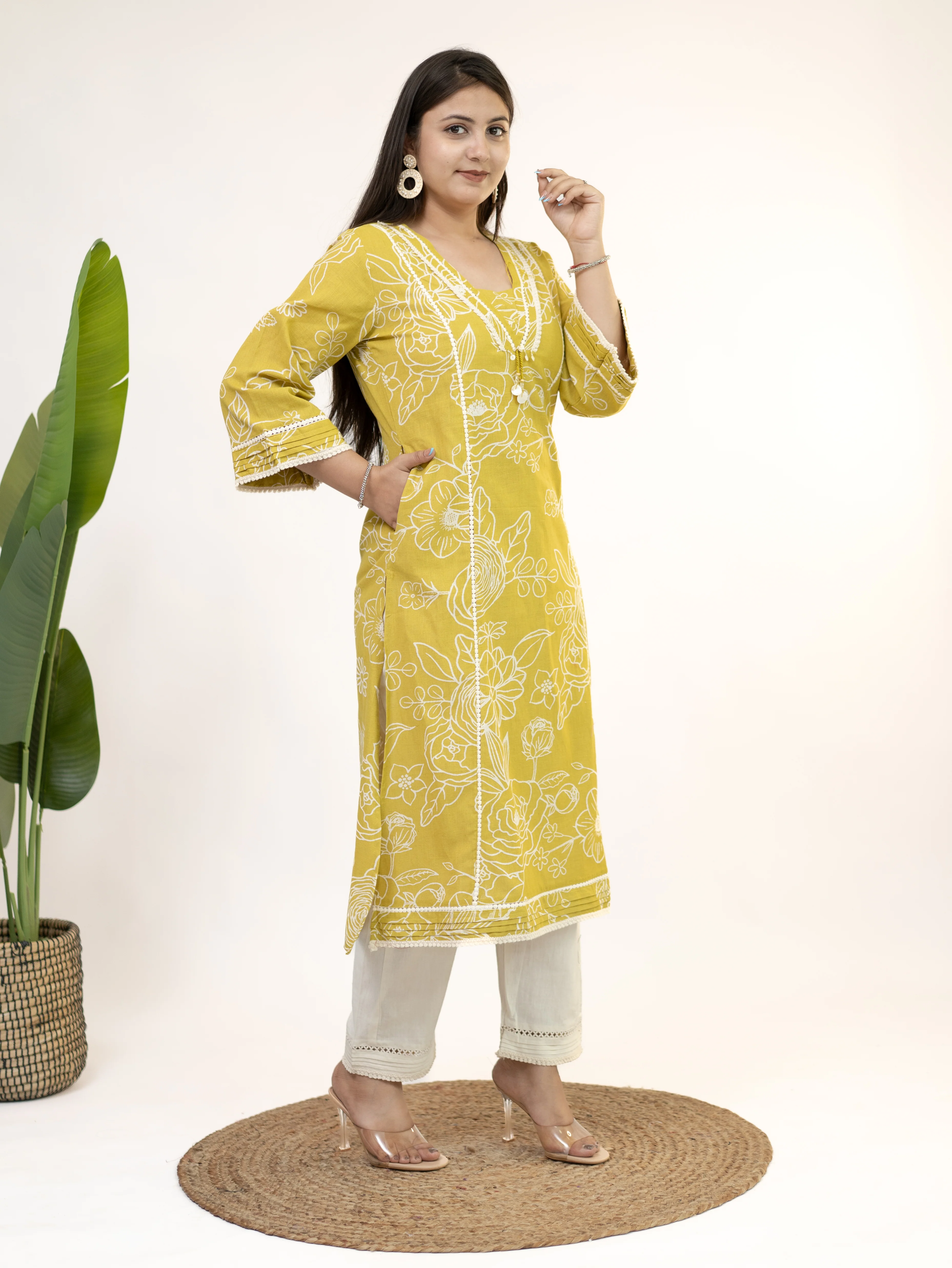 Inayat Yellow Cotton Lace Deatialed A-line Kurta Set - Image 12