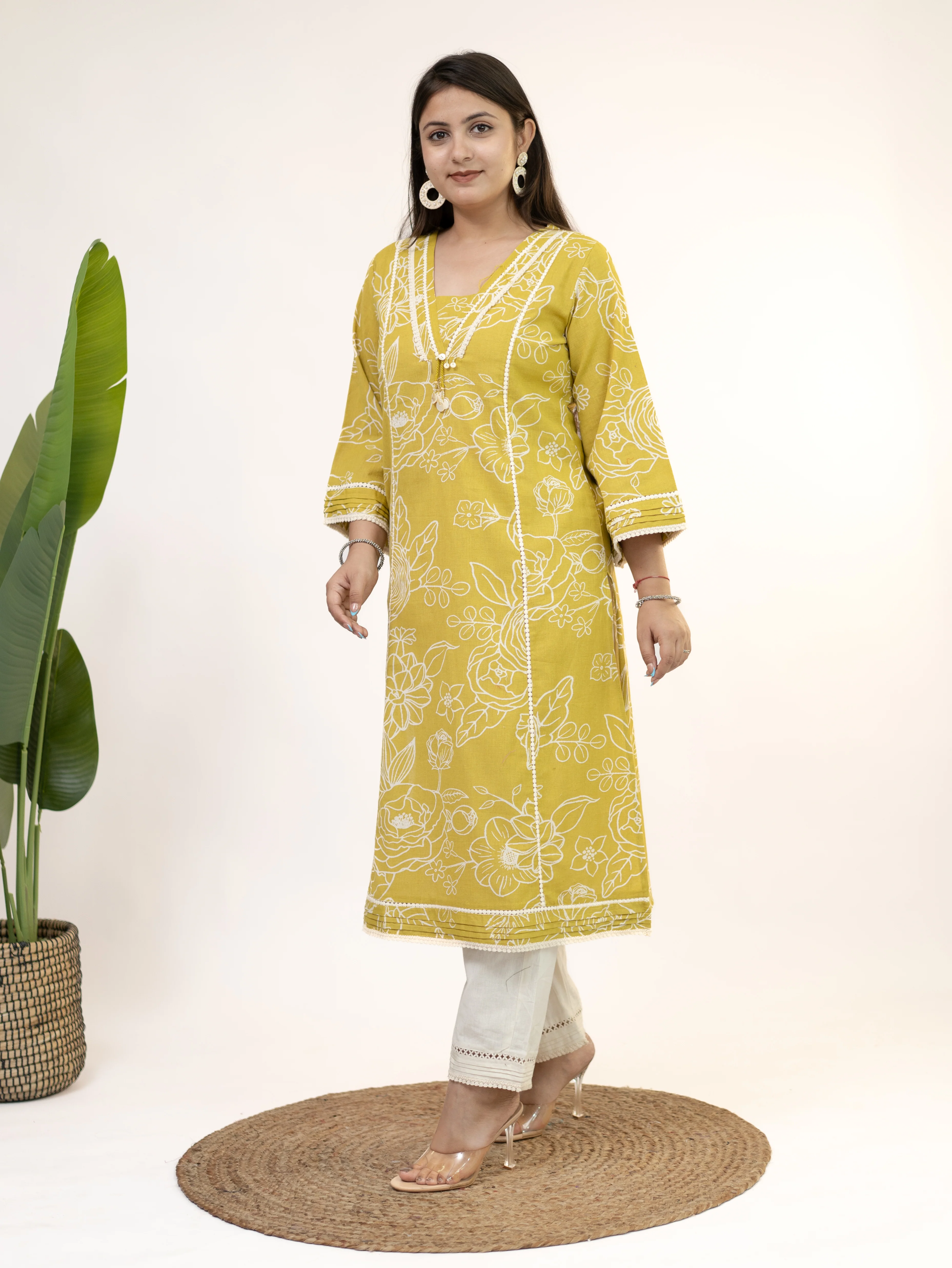 Inayat Yellow Cotton Lace Deatialed A-line Kurta Set - Image 3