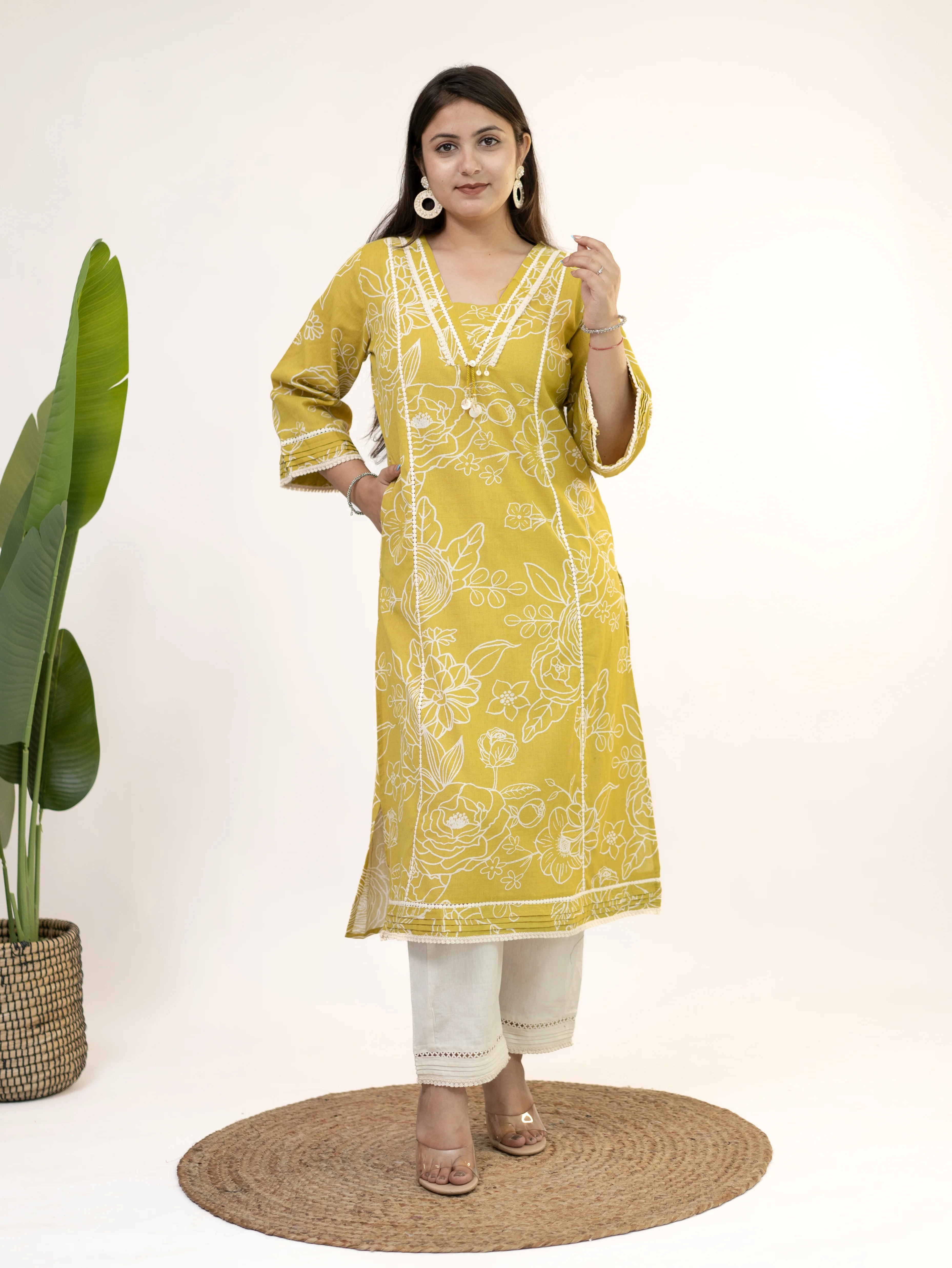 Inayat Yellow Cotton Lace Deatialed A-line Kurta Set - Image 4