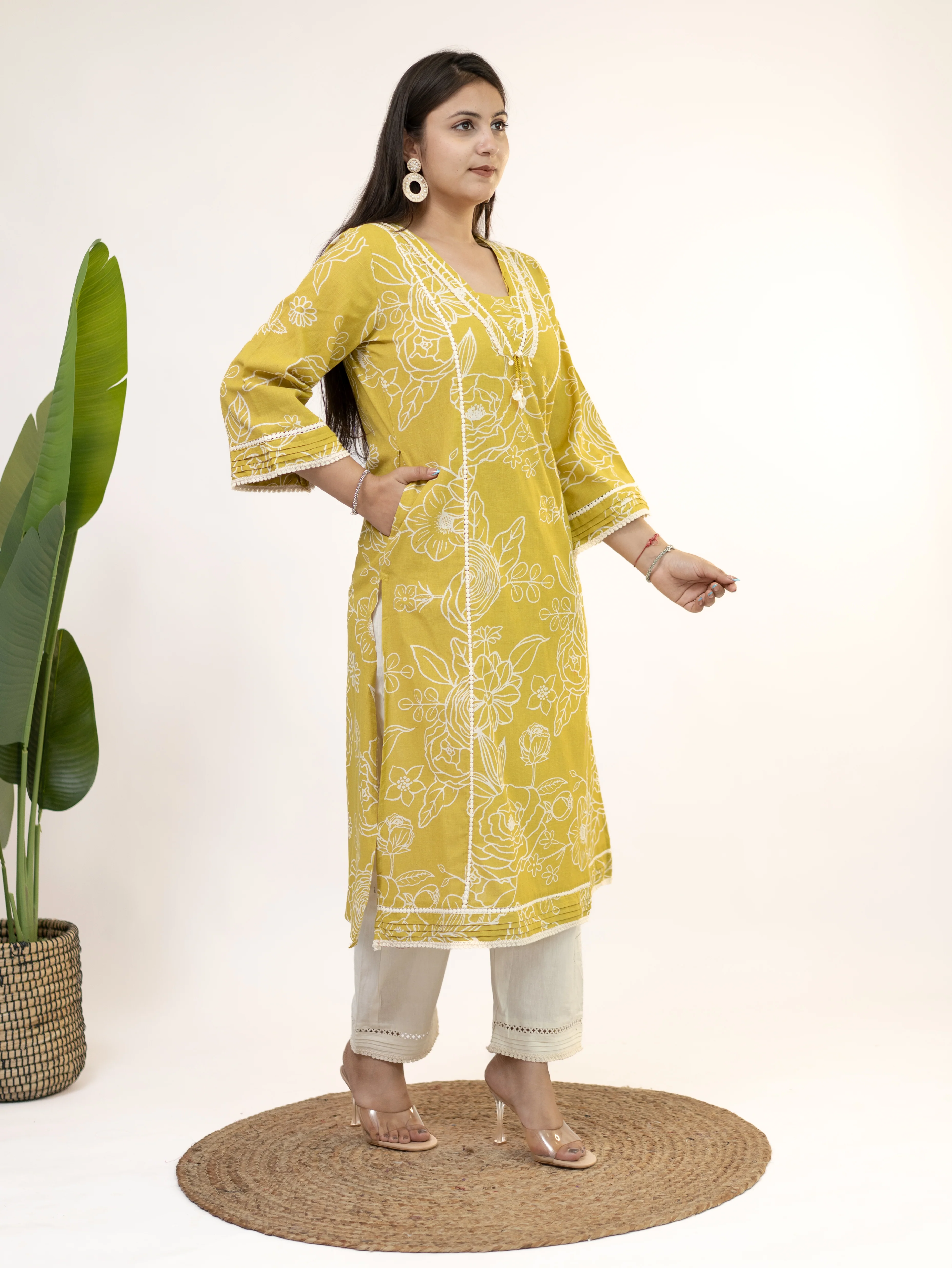 Inayat Yellow Cotton Lace Deatialed A-line Kurta Set - Image 5