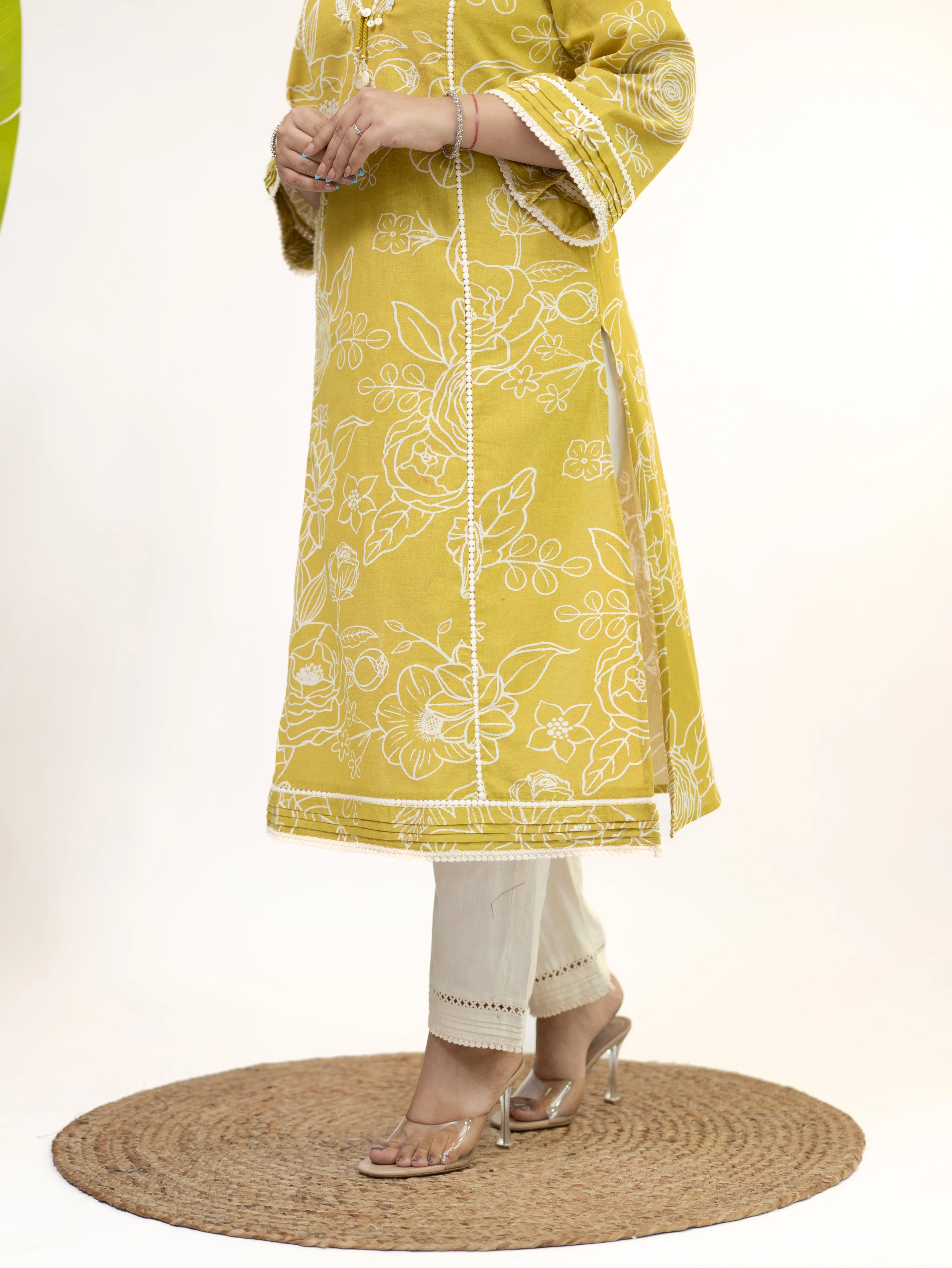 Inayat Yellow Cotton Lace Deatialed A-line Kurta Set - Image 9