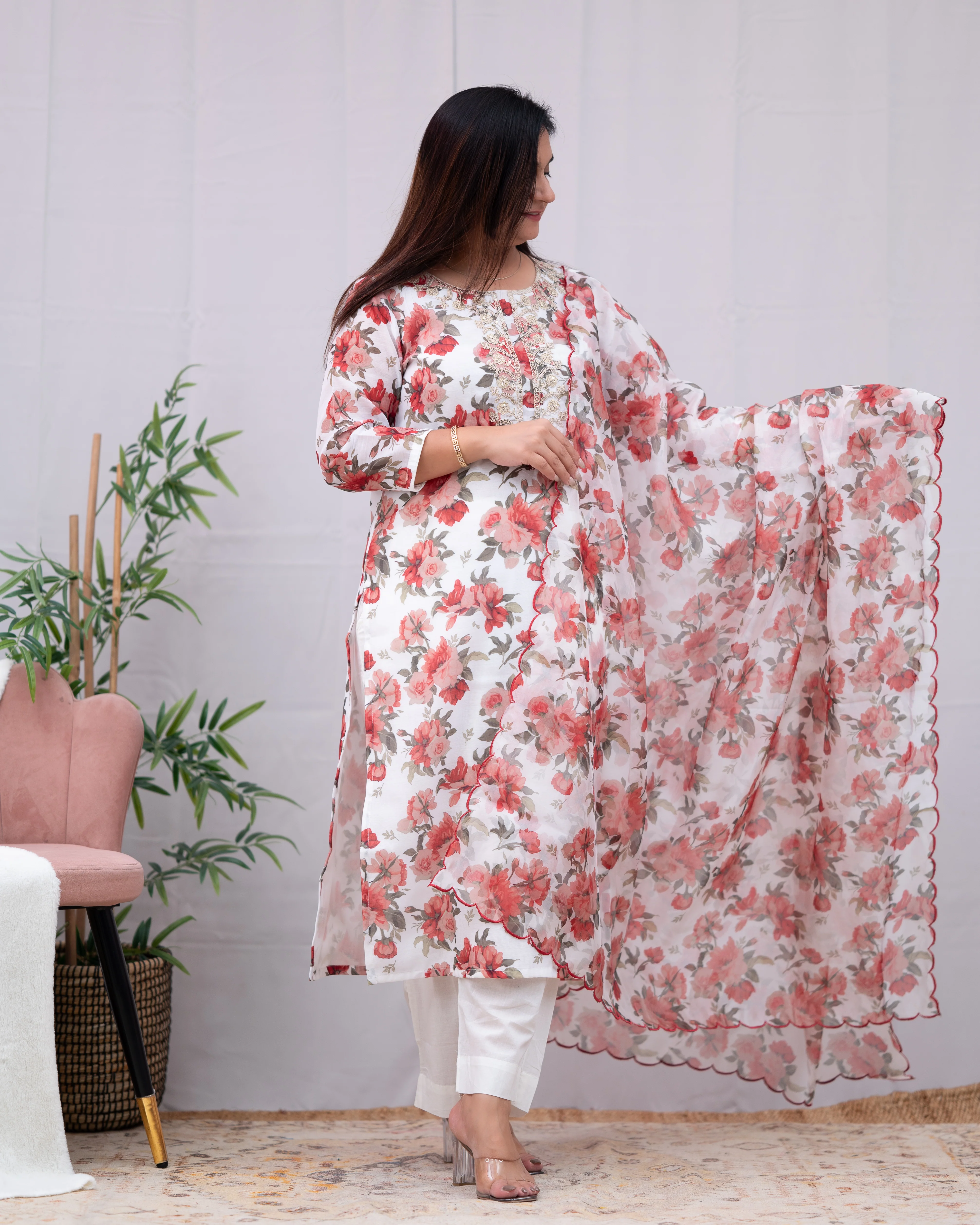 Zaina White Floral Organza Pant Set - Image 3