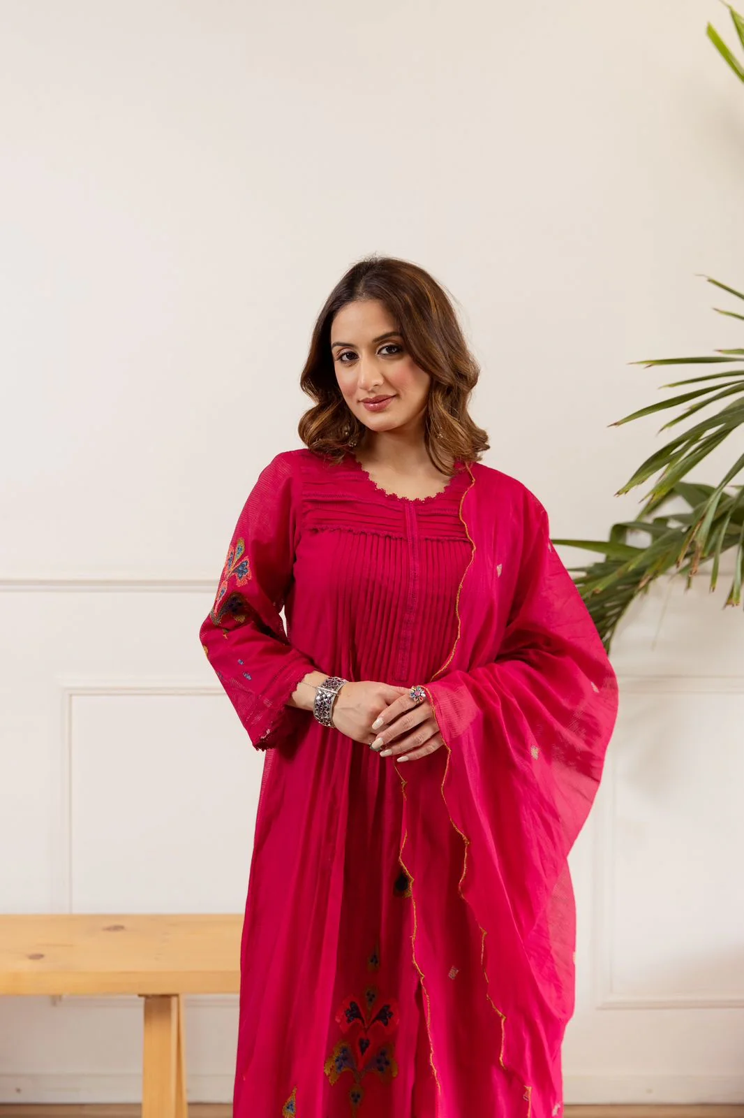 Zina Pink Net Chanderi Embroidered Anarkali Set - Image 6