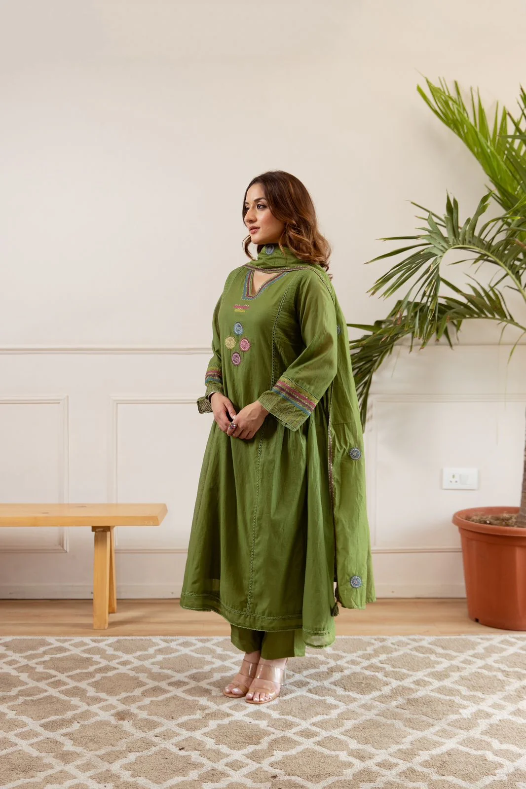 Zola Green Net Chanderi Embroidered Anarkali Set - Image 3