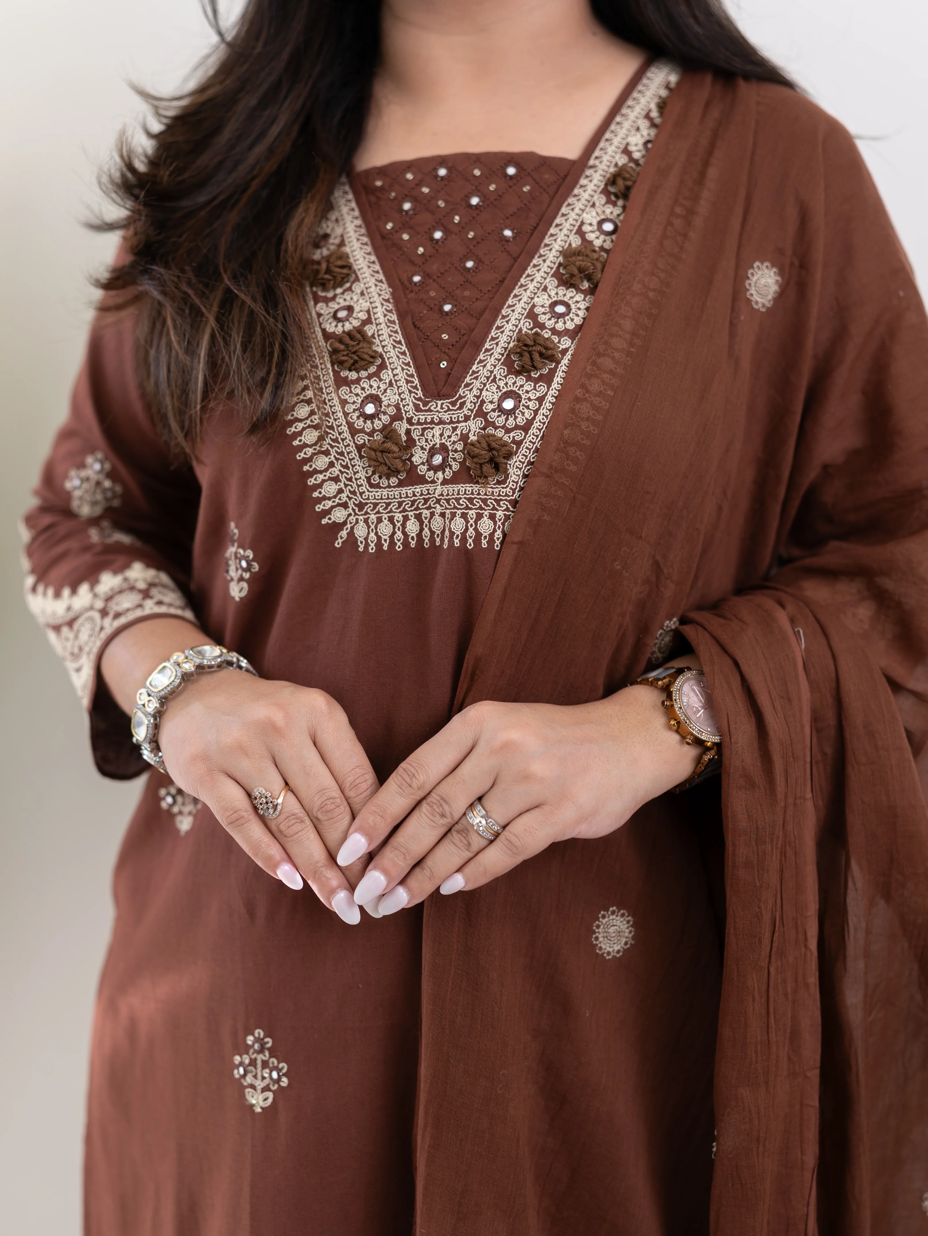 Zoohi Brown Cotton Embroidered Straight Dupatta Set - Image 10