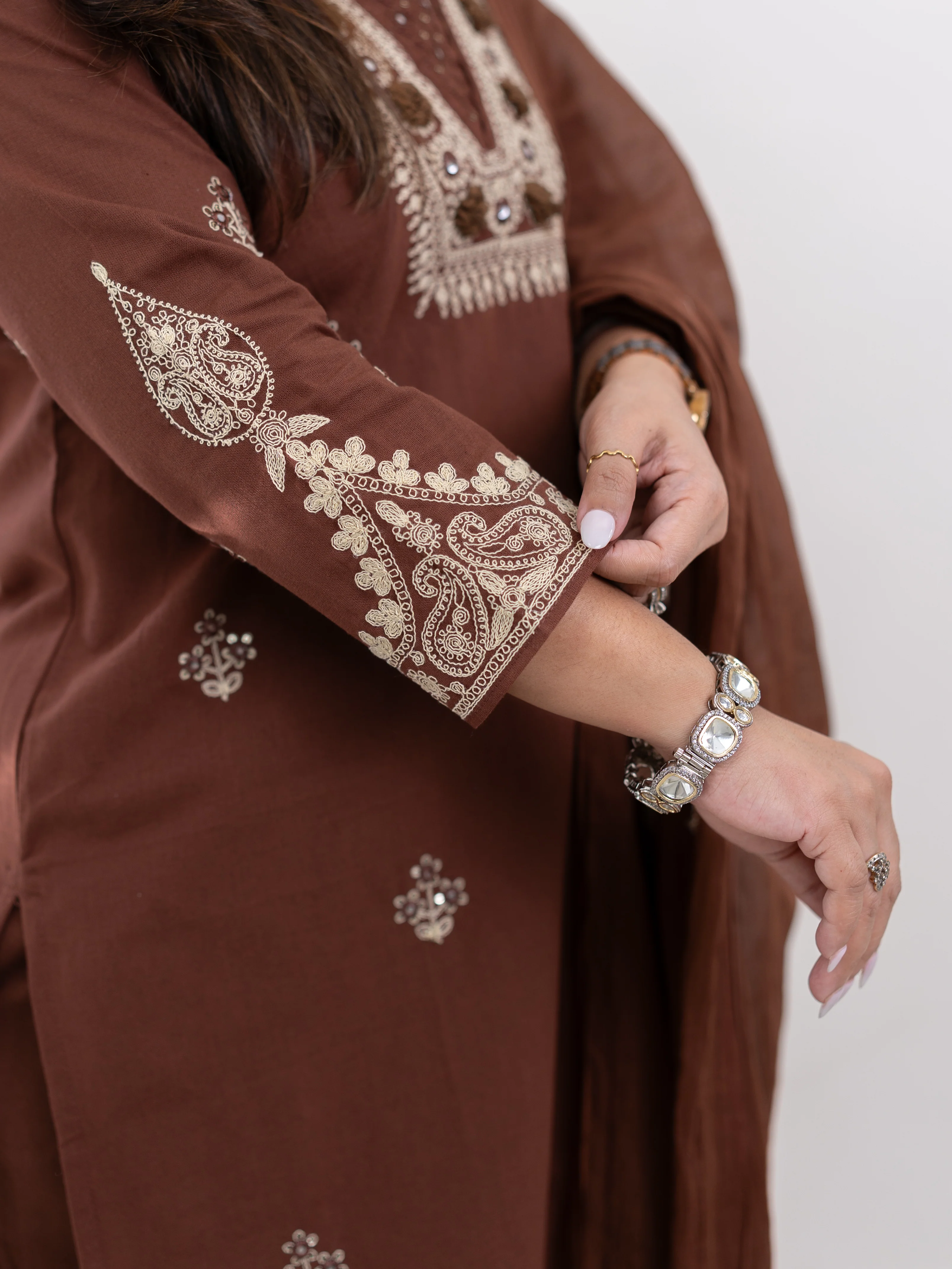 Zoohi Brown Cotton Embroidered Straight Dupatta Set - Image 11