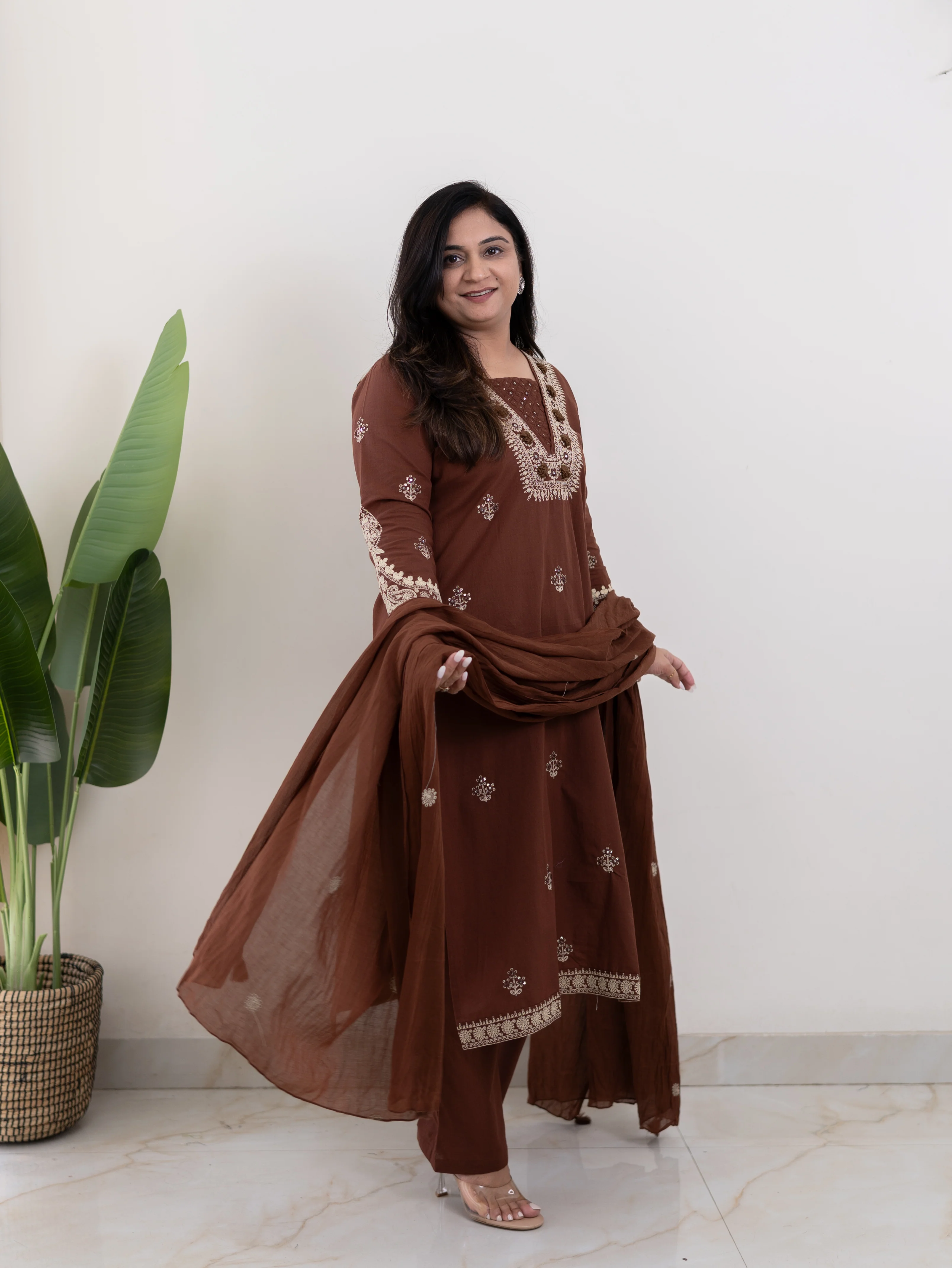 Zoohi Brown Cotton Embroidered Straight Dupatta Set - Image 3