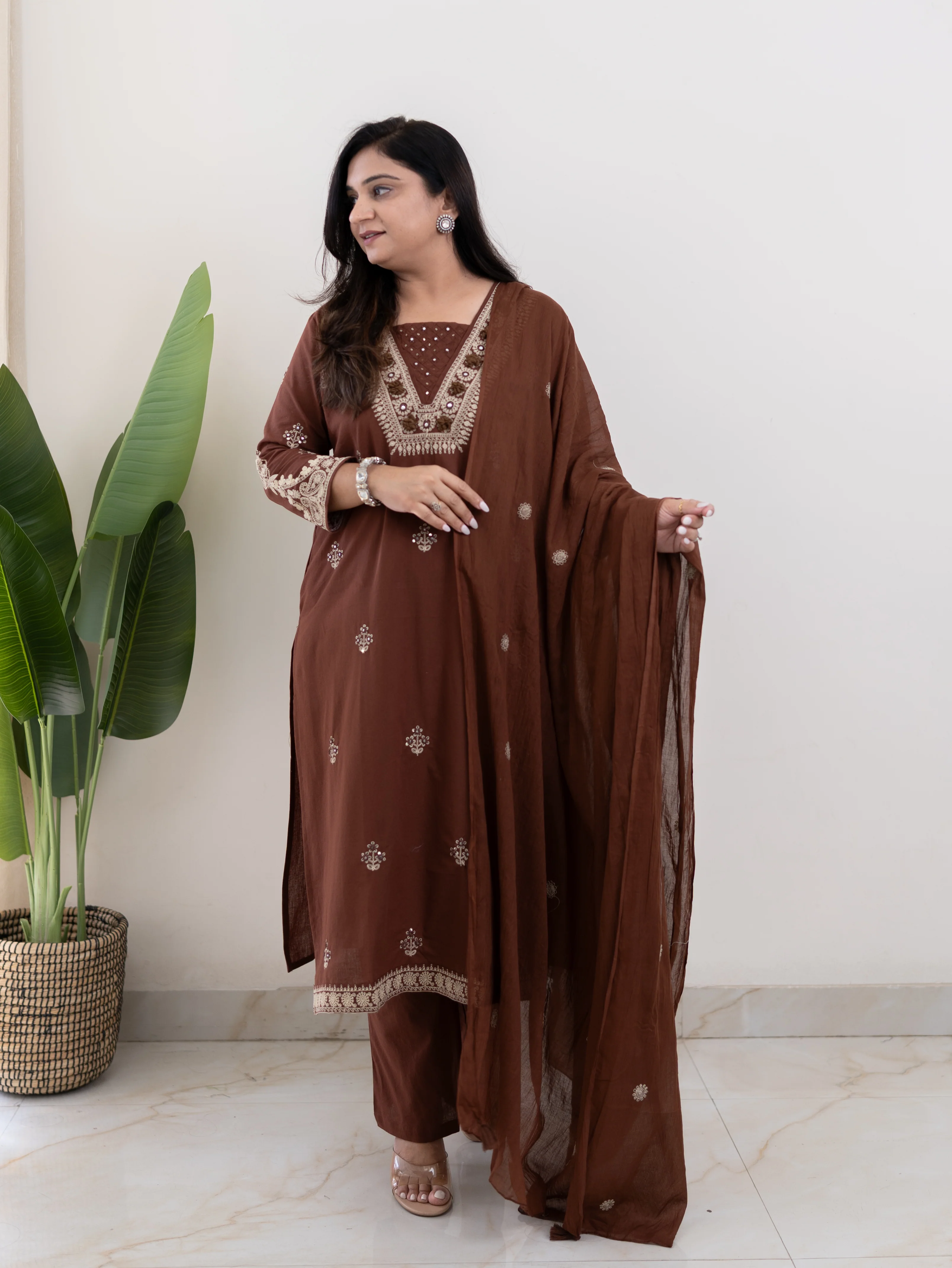 Zoohi Brown Cotton Embroidered Straight Dupatta Set - Image 4