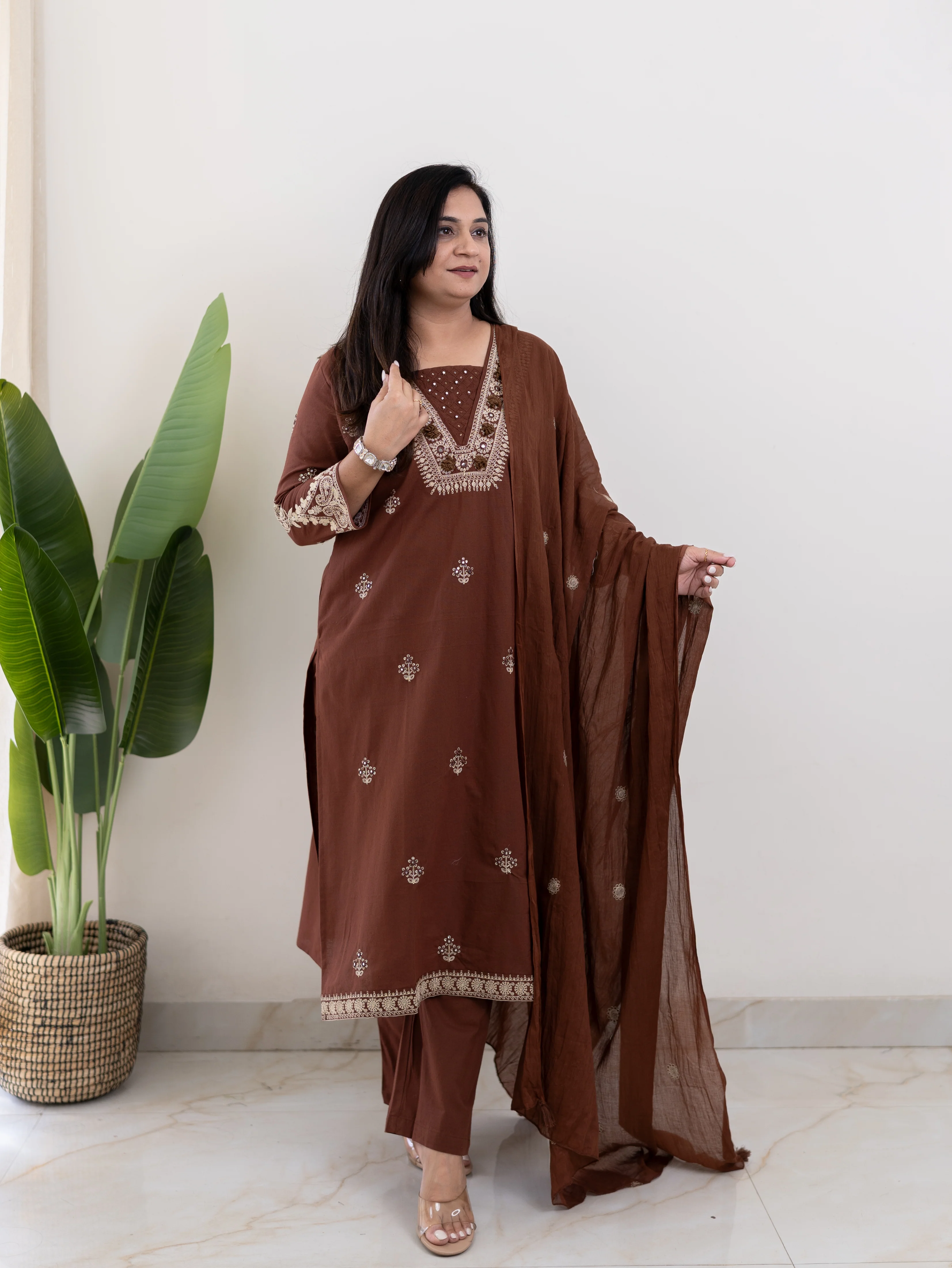 Zoohi Brown Cotton Embroidered Straight Dupatta Set - Image 5