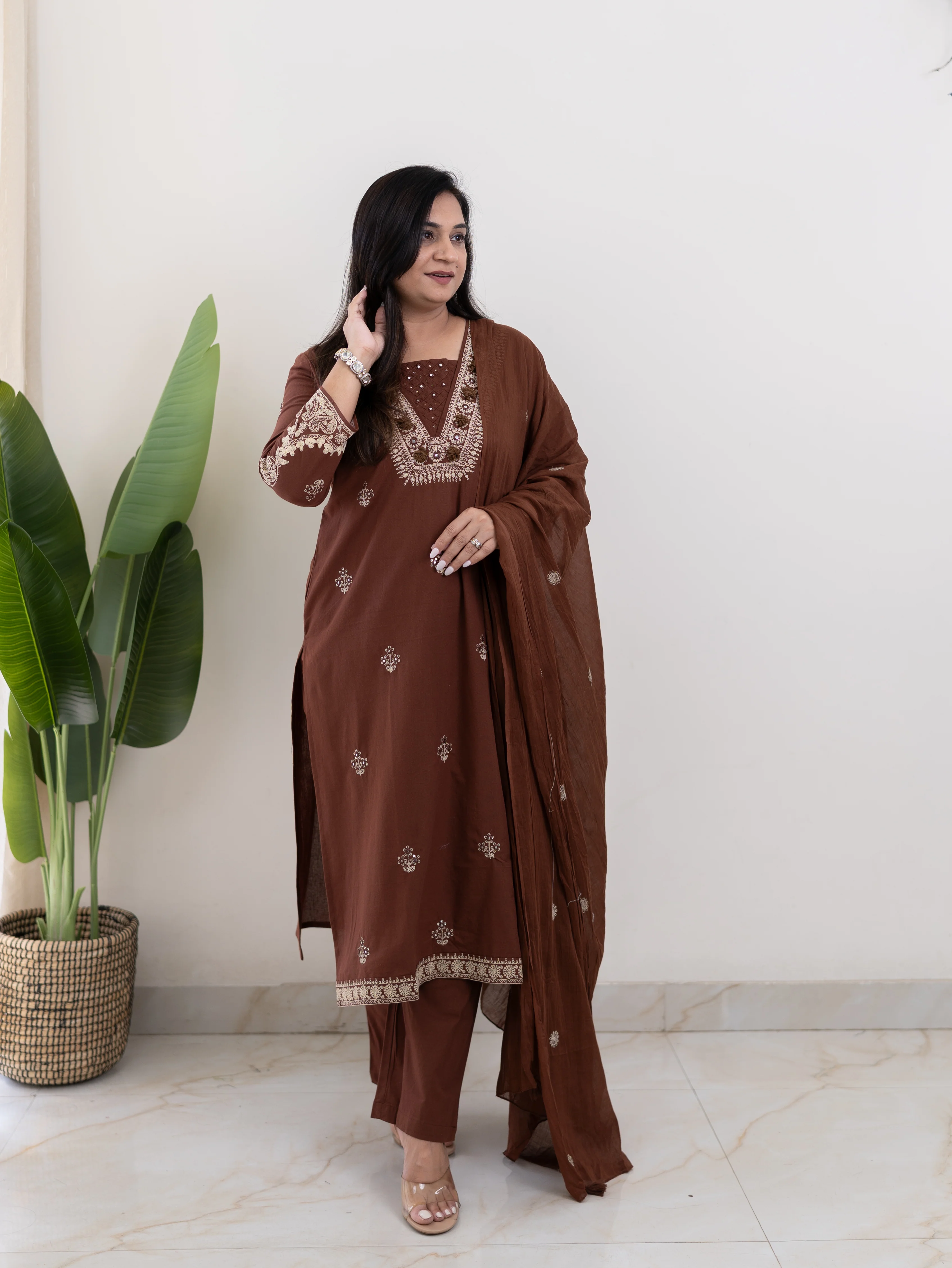 Zoohi Brown Cotton Embroidered Straight Dupatta Set - Image 6