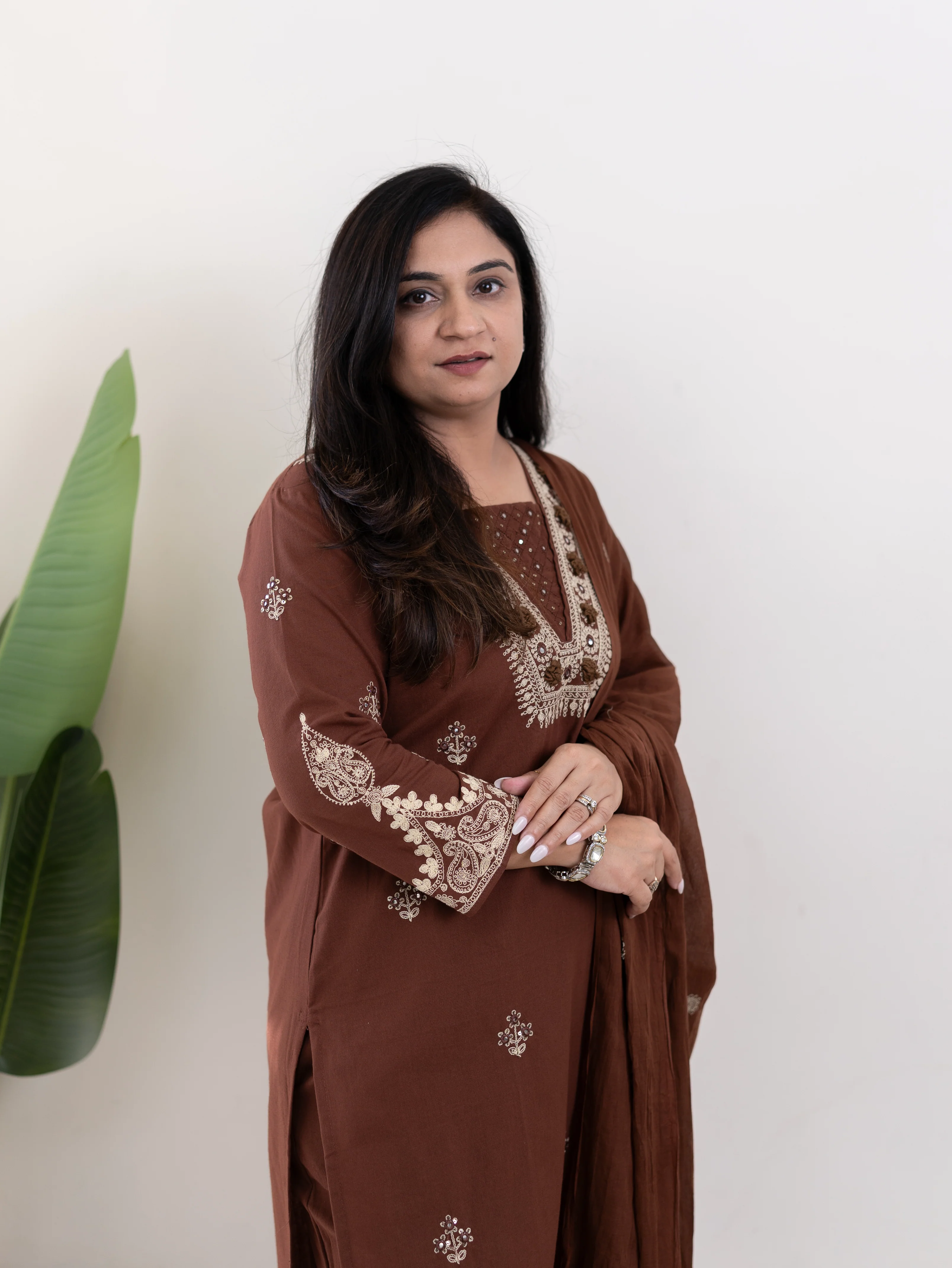 Zoohi Brown Cotton Embroidered Straight Dupatta Set - Image 7