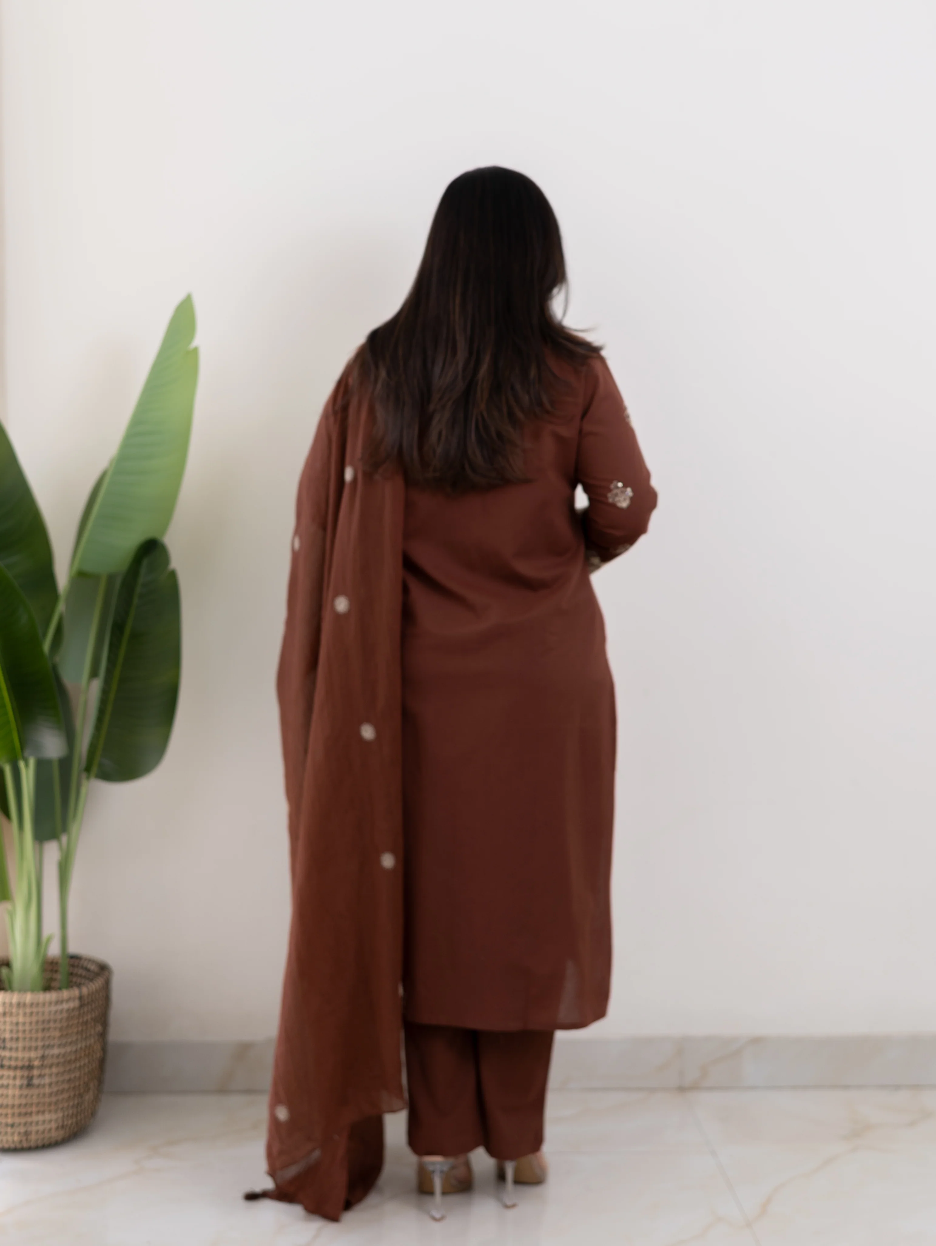 Zoohi Brown Cotton Embroidered Straight Dupatta Set - Image 8