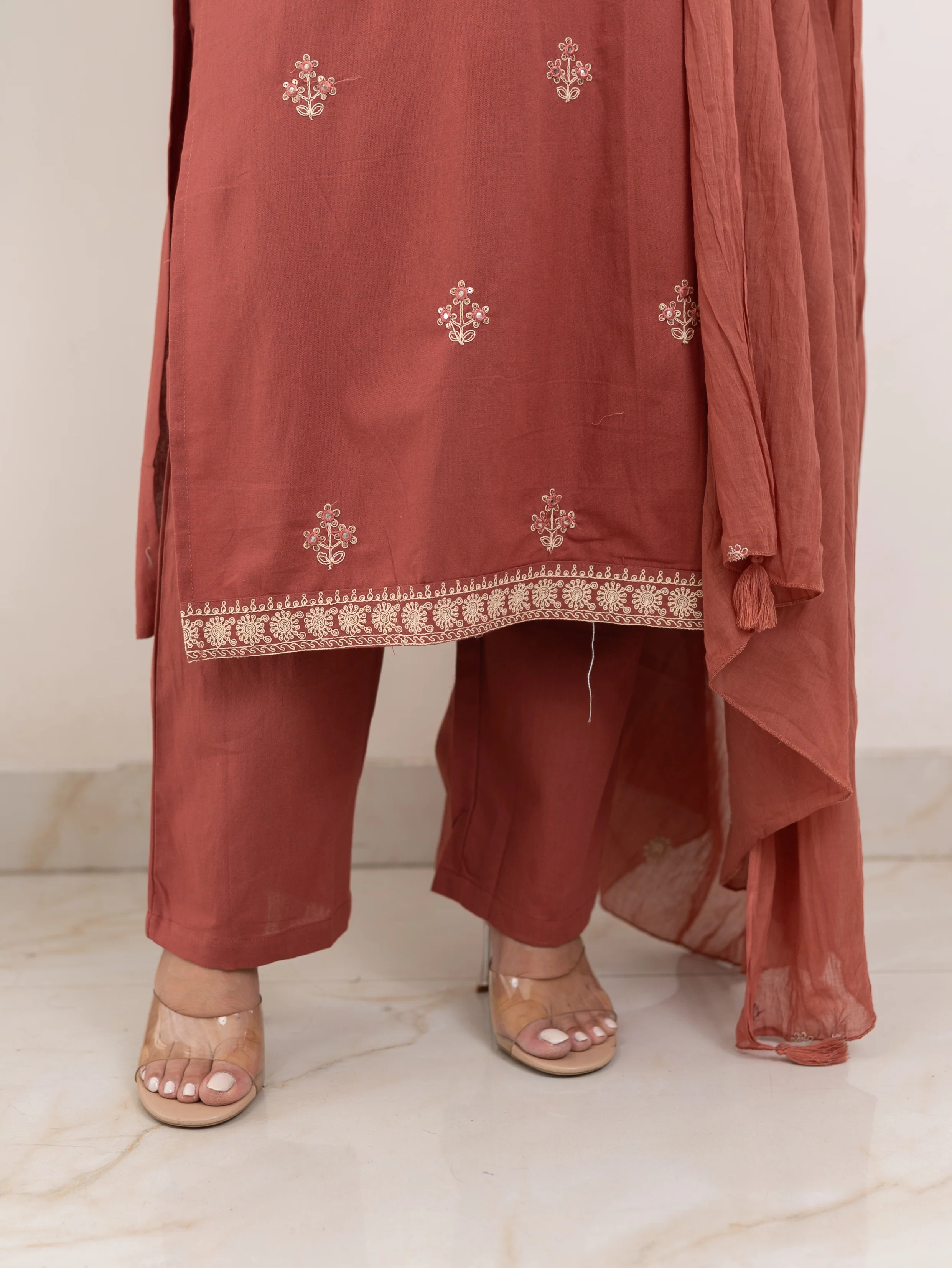 Zoohi Rust Cotton Embroidered Straight Dupatta Set - Image 10
